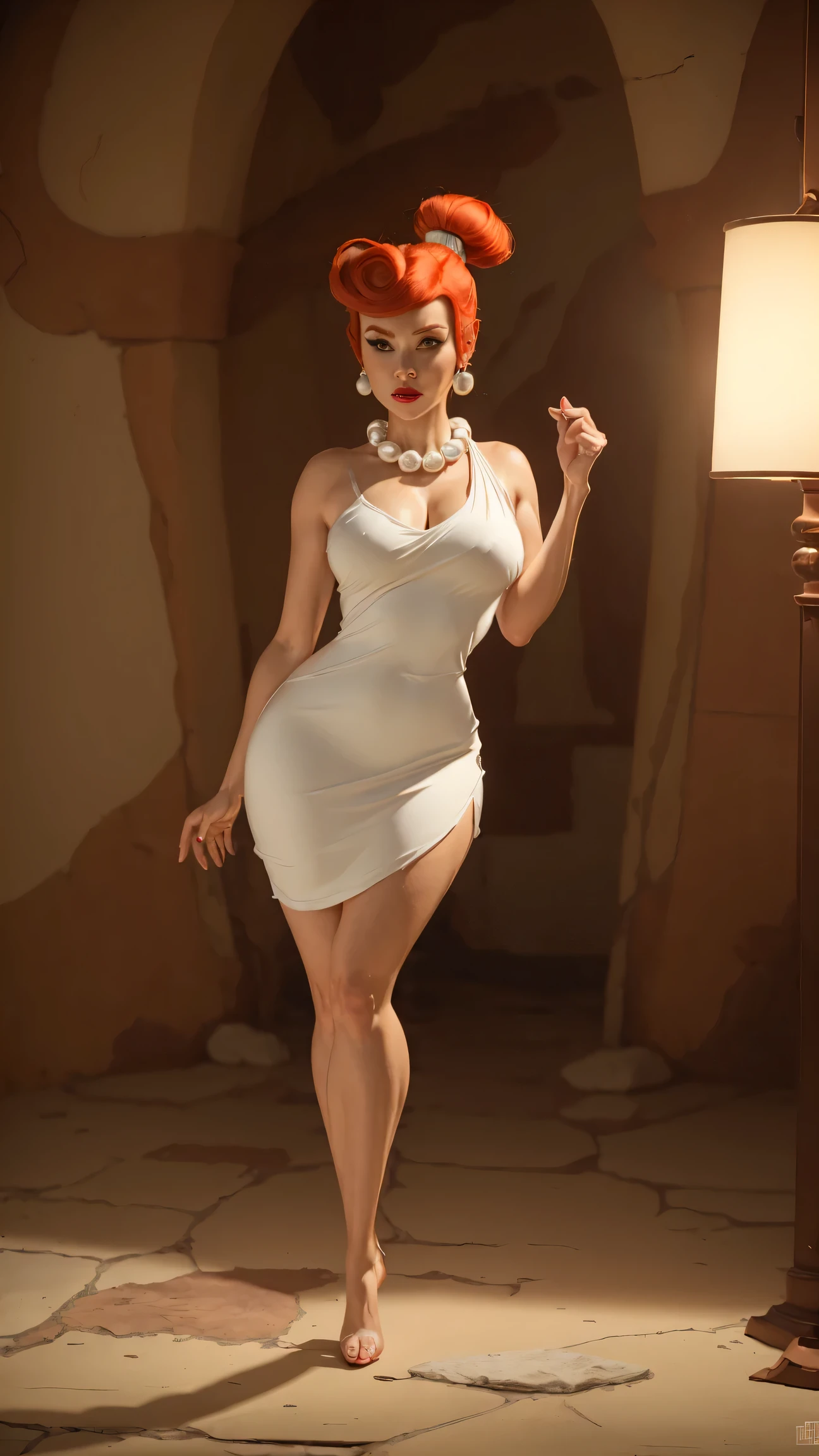 ((masterpiece, Best Quality)),(complex lighting) ,Whole body, Alone, Wilma Flintstone, Red hair, Horse tail, White dress, Pearl Necklace, lipstick,(((take it from behind)))