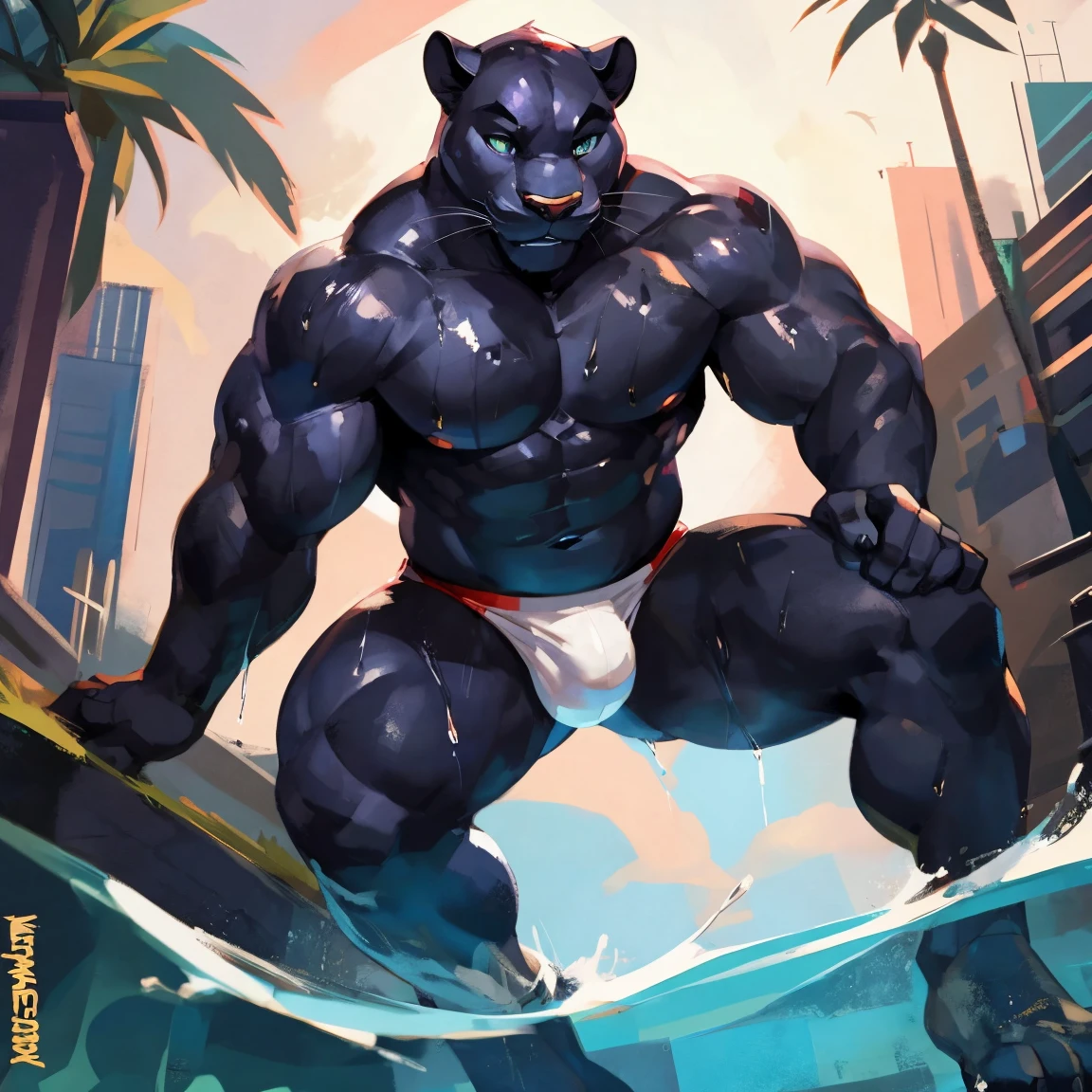 Muscular, panther in speedo, black Panther, white speedos, white underwear, strong legs, hands, male anatomy, chest, wet, wet body, coming out of the water, By mystikfox61