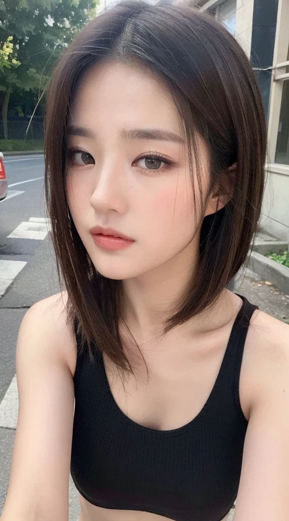 ((Best quality, 8k, Masterpiece :1.3)), Sharp focus:1.2, Perfect Body Beauty:1.4, Slim Abs:1.2, ((Layered hairstyle, teasing expressions:1.2)), (Tank top shirt:1.1), (Street:1.2), Highly detailed face and skin texture, Fine eyes, Double eyelids