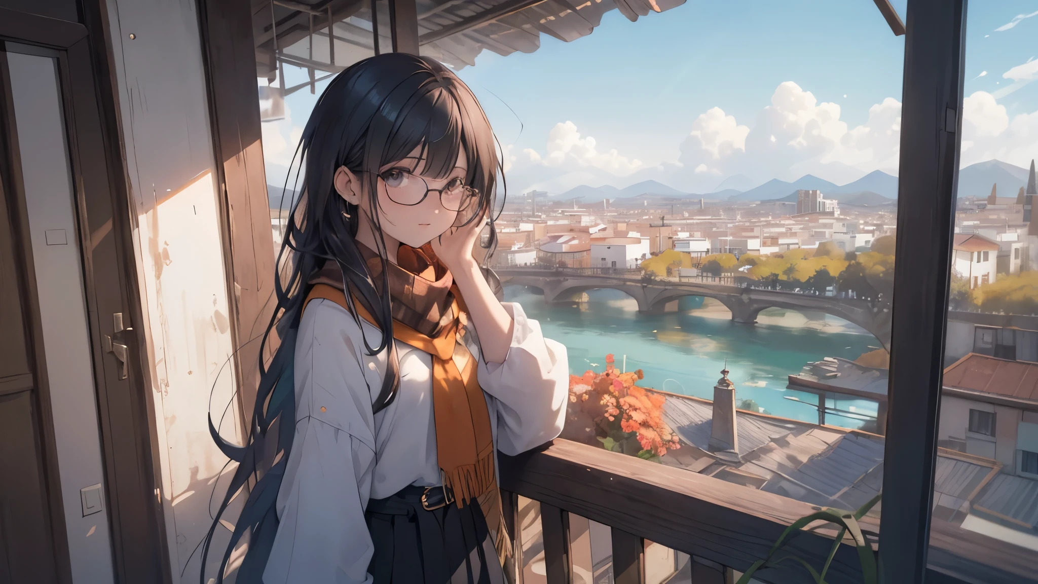 Perfil de chica con gafas, cabello claro y delicados reflejos amarillo claro, leaning on the balcony of her house looking at the landscape, usando una gran bufanda blanca, expel cold smoke from the mouth, nombre, invierno, Meguro River, Photography, (ultra-realista), {Fondo de pantalla de unidad 8k CG extremadamente detallado}, Photography de paisagem expansiva, (una vista desde abajo que prioriza la elegancia de los detalles del paisaje, amplia vista de campo abierto), (low angle photo), ( Destacar: 1,0), (luz baja: 1,0), (warm light source: 1.5), detalles complejos, (corazones iridiscentes: 1,7), (bright lighting), (atmospheric lighting), dreamer, elegante, magical
