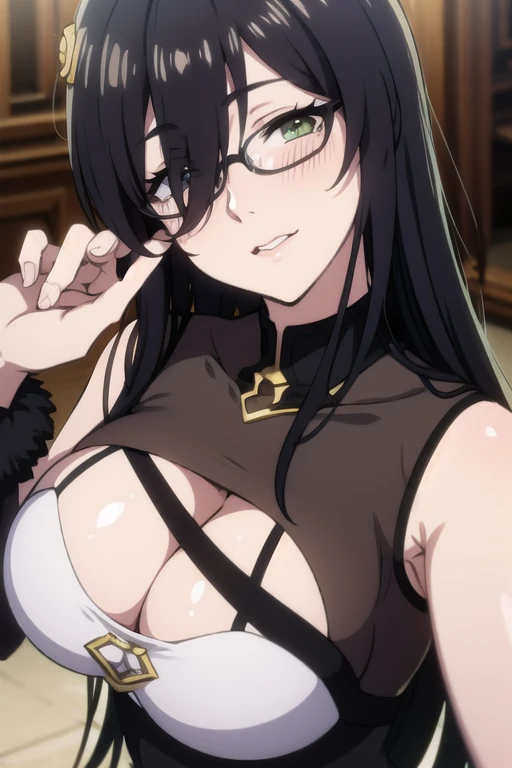 mature women,milf,large breast,beautiful face,long hair, shiny hair, green eyes,high detailed,black hair, hair over one eye,masterpiece,perfect anatomy,cleveage,black dress,fancy detailed fur coat,glasses,dynamic pose,blushing,hair ornament,