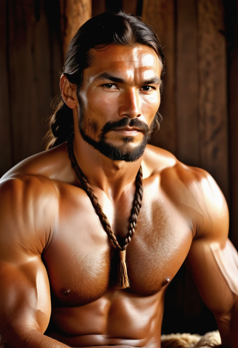 (highly detailed, soft light, detailed face, detailed skin, detailed eyes, photorealistic, dynamic light; cinematic); 1820's; 35 years old man; German-Cree Indian mix; 1820's fur hunter; leadership figure; strikingly handsome; wild man; defined cheekbones; defined strong jawline; longer chin; handsome face; strapping; desirous teasing inviting expression; intimate sexually-charged atmosphere; masculine face; charismatic; grizzled; sensual; strong German nose; manly passionate air; very attractive; burly broad figure with strong shoulders; naturally tanned ruddy weathered skin; long stubble beard; natural dark-blue eyes; thick strong chestnut-brown eyebrows; fully naked with hairy heavily muscled chest; chestnut-brown hair in a plait braid, plaited braided; full firm masculine lips; laying on 1820s bed in a 1820's wooden settlement house; laying in erotic pose, offering sex; natural dark-blue eyes; German-Cree Indian mix; looking at camera