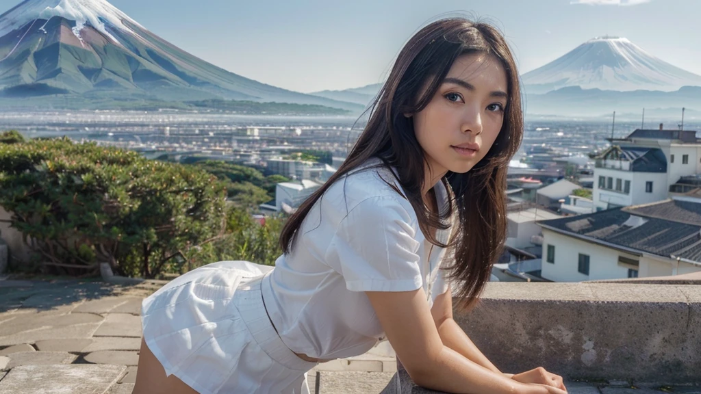 (best quality,ultra-detailed,realistic:1.37),portrait,beautiful detailed eyes,beautiful detailed lips,semi-long dark brown hair,white shirt,short skirt,asian girl,viewing the horizon,face not visible,background of Mount Fuji,downward angle shot,stunning scenery,gorgeous figure