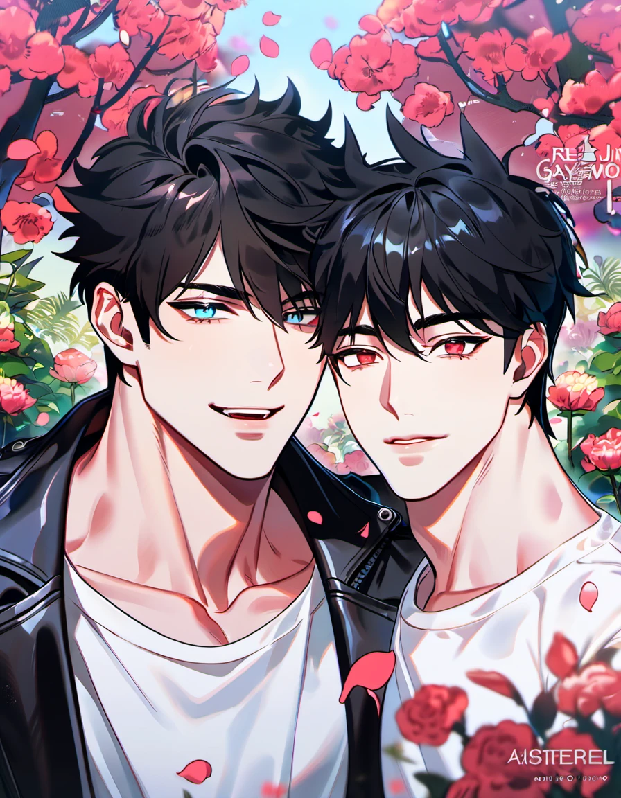 absurdres, highres, ultra detailed, HDR, master piece, best quality, extremely detailed face, delicated features, Kim Dokja & Yoo Joonghyuk, black hair, expressive gray eyes, Omniscient Reader's Viewpoint, black hair, expressive brown eyes, two sexy men together, yaoi, gay couple,handsome, black coat, white coat, fantasy, magical, pink butterflies, spring, pink leaves, pink flowers, blossoms, blue sky, joongdok