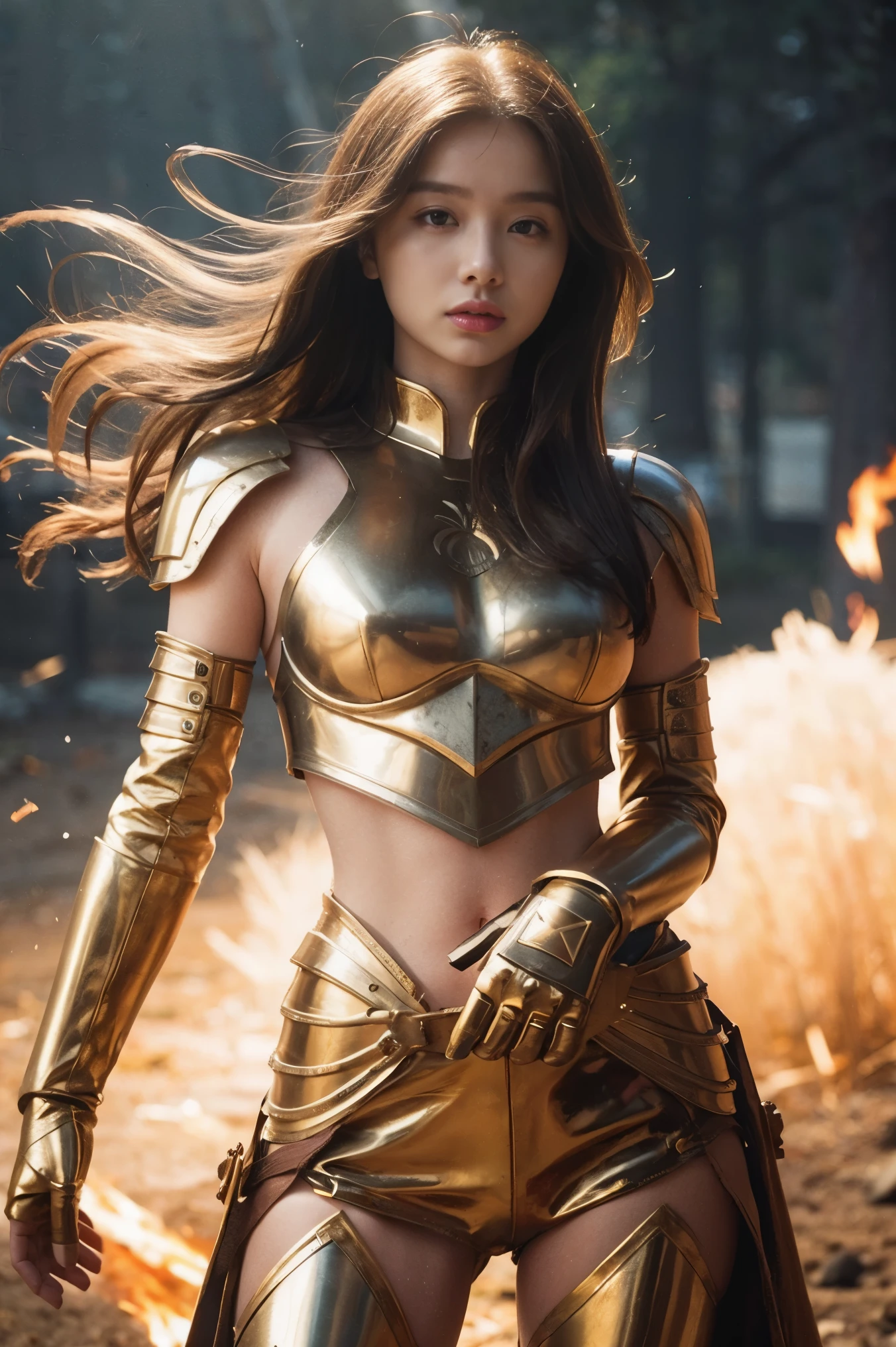 (Masterpiece), (Best Quality), (1 Girl), Girl in Golden Armor, Cool Pose, Battlefield Background, Fire Background, Saint Seiya Armor, Messy Hair, Broken Armor, Ragged Clothes