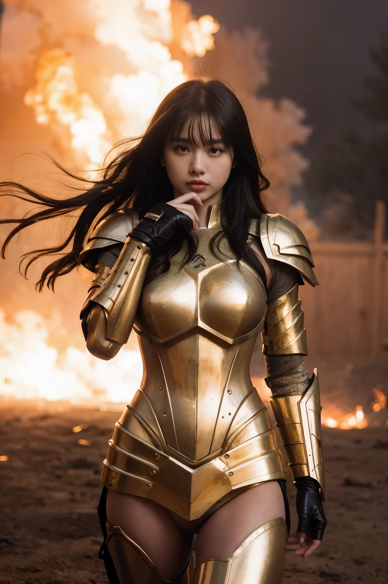 (Masterpiece), (Best Quality), (1 Girl), Girl in Golden Armor, Cool Pose, Battlefield Background, Fire Background, Saint Seiya Armor, Messy Hair, Broken Armor, Ragged Clothes