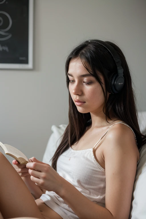 a girl with black straight hair listening to music while reading