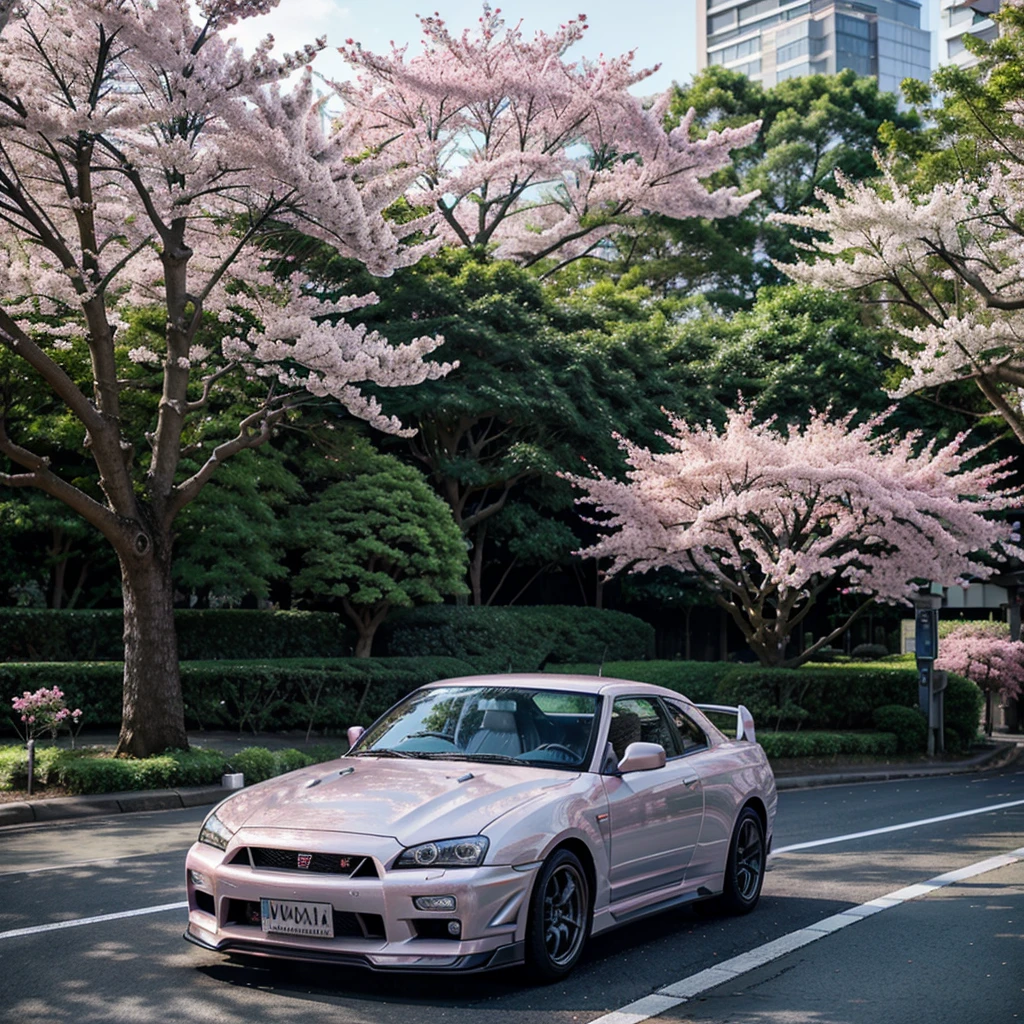 A Japanese Nissan Skyline GTR34 in Tokyo under a pink blossom tree in silver with 2 blue stripes