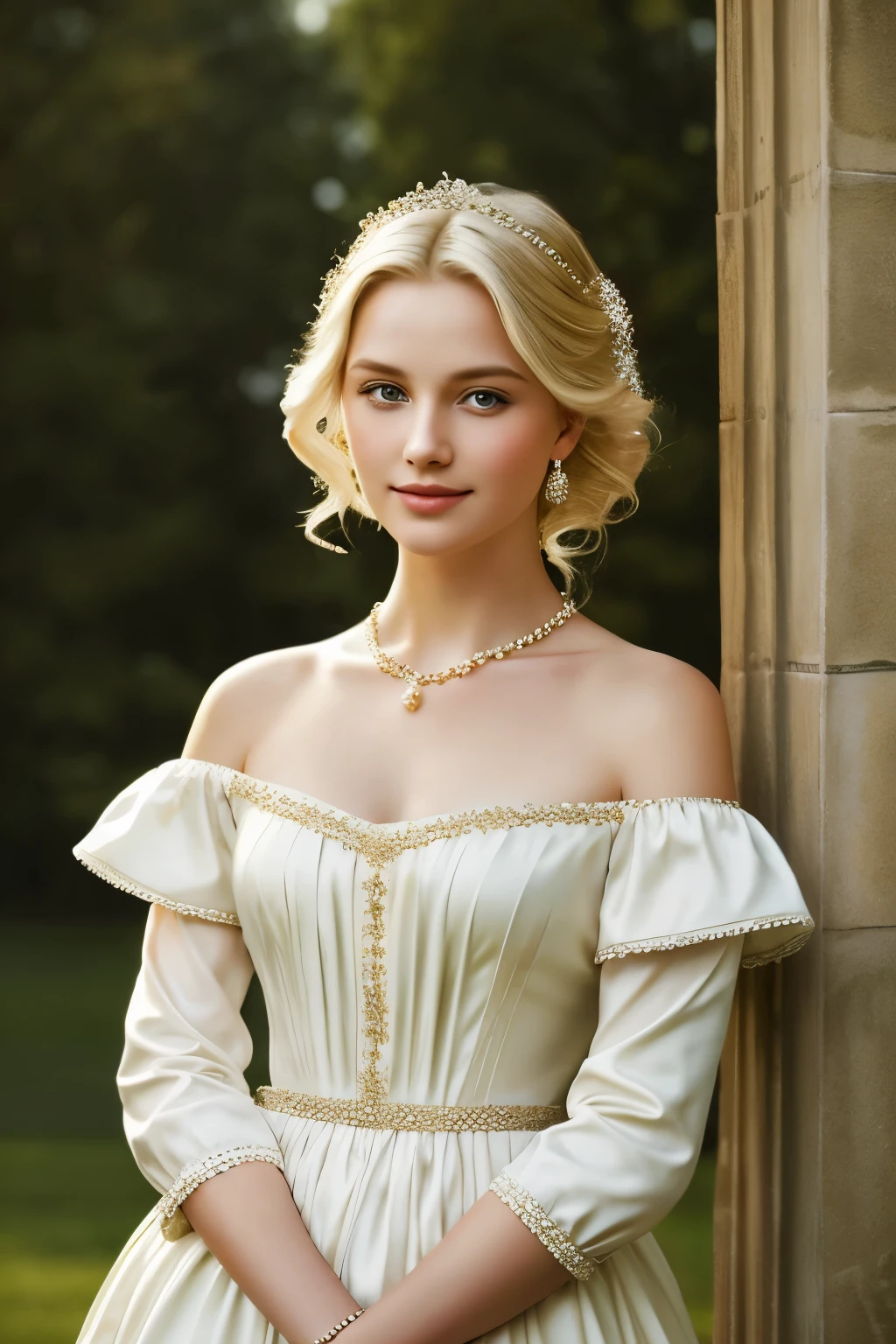 Beautiful blonde woman, age 18, 17th century, solo, handsome manor as background. She is adorned with golden locks cascading down her shoulders, her blue-eyed gaze fixed on the viewer with an enchanting smile. Her complexion is fair, with a natural glow, revealing a delicate neckline as her off-shoulder blouse slips slightly. She wears a necklace of pearls, a gift from a loved one, and the rich fabrics of her dress flow softly around her, adding to her allure. Her attire is representative of the era, adding historical authenticity to the scene. This realistic depiction of a young woman in a manor setting