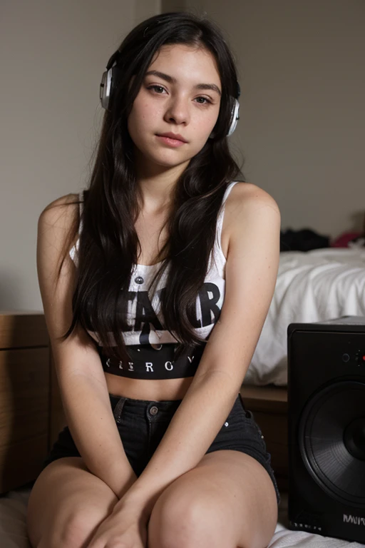 a girl with straight black hair listening to music