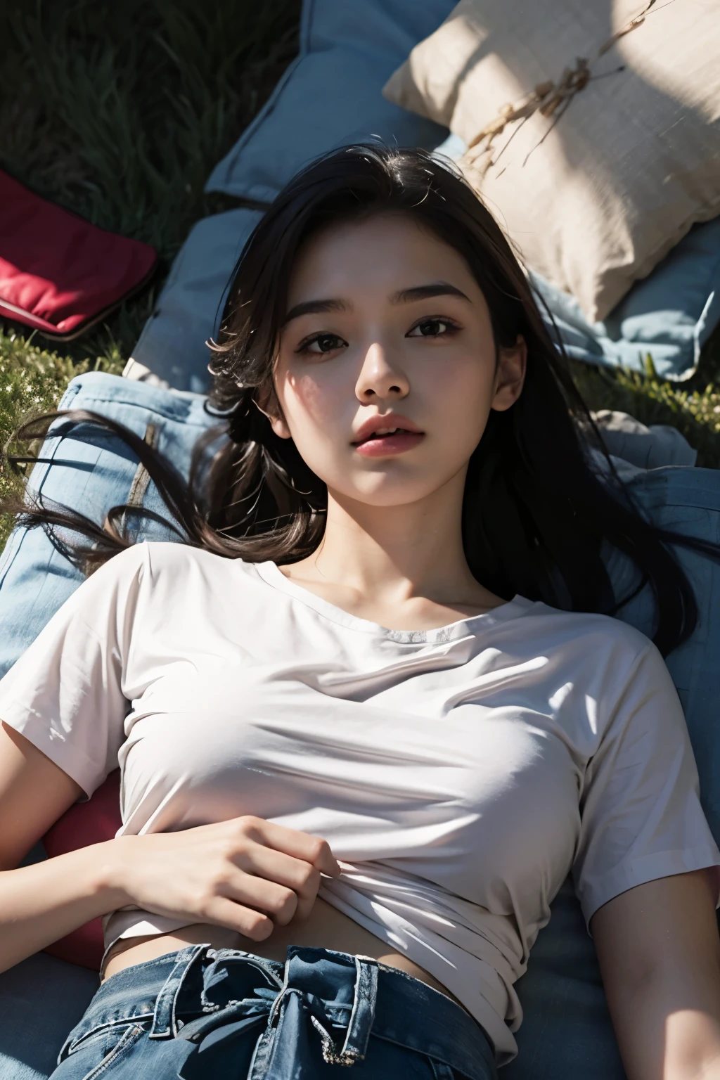 A girl is lying on the lawn. random pose, random clothes,
