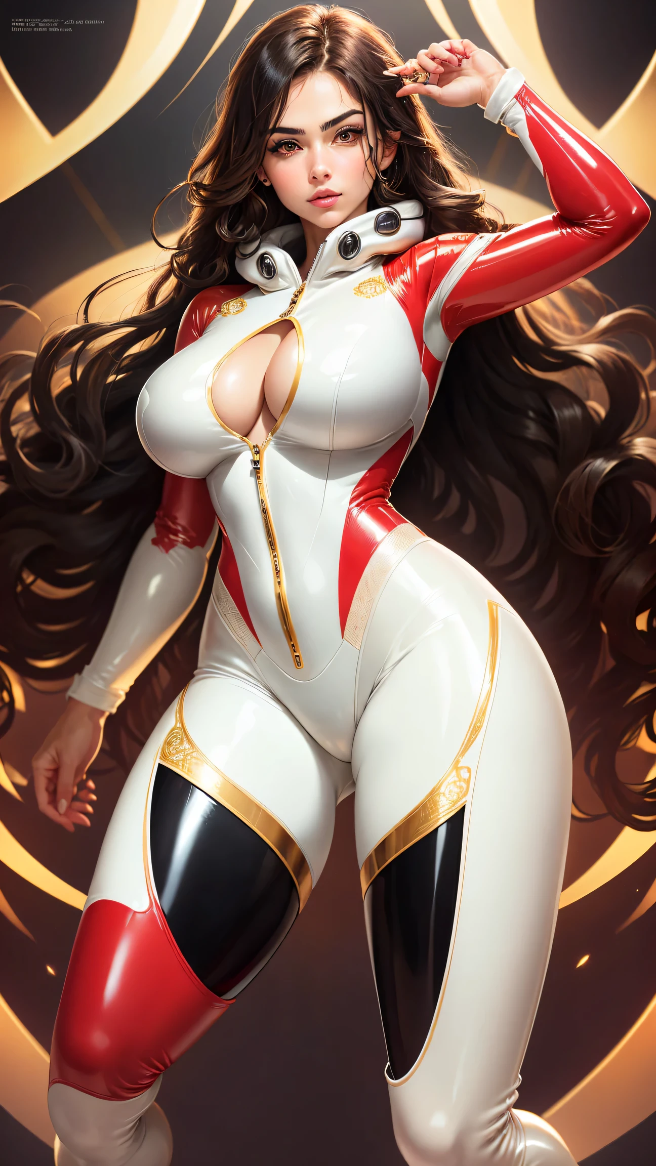 stunningly beautiful Alina Kabaeva face with Lisa Ann body, 20yo, (1girl:1.2), (mons pubis:0.3), as a pure white and very cute woman, (red rubber suit:1.6), (gold filigree:1.1), (black long wavy hair:1.2), sparkling gold big eyes, abs, great proportions, full body shot, background kaleidoscope, anime, illustration, fantasy, portrait, animification, high resolution, best quality, very high image quality, ultra detailed, hyper realistic, photorealistic, (big breasts:1), (nearly naked:1.4), (cameltoe:1.3)