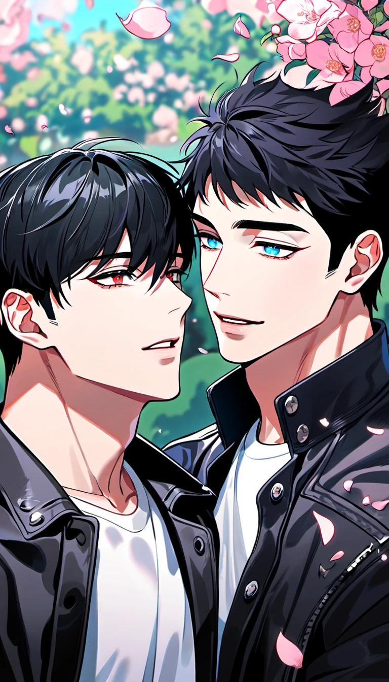 absurdres, highres, ultra detailed, HDR, masterpiece, Sung Jin Woo, black hair, epressive blue eyes, Solo Leveling, Ren Zotto, vtuber, black hair, expressive red eyes, 2men together, gay couple, handsome, black leather jacket, white shirt, garden, petals