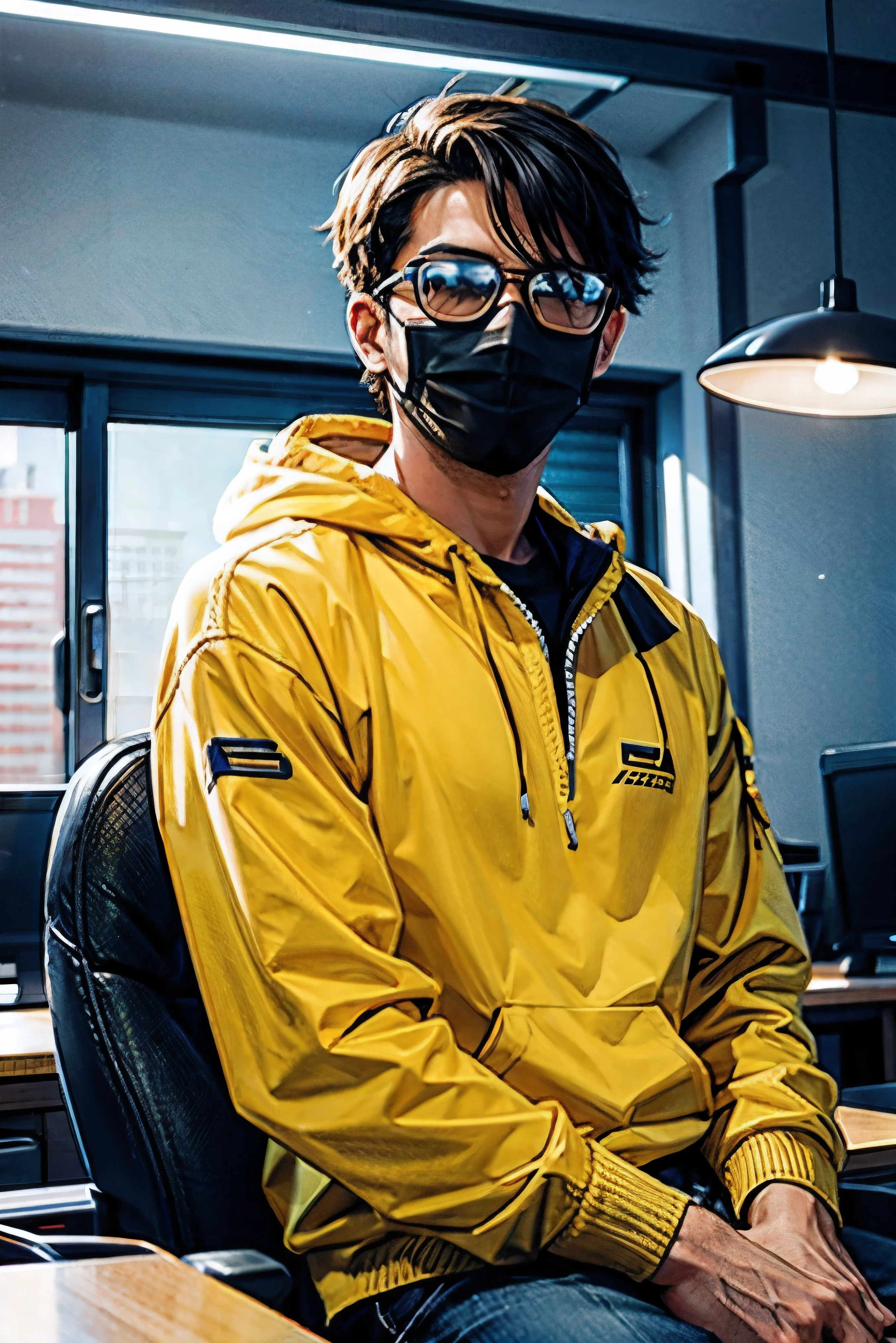 ANIME FRIENDLY LOOKING MALE BUSINESS CHARACTER WHO
IS WEARING A BLACK FACE MASK, A YELLOW HOODIE AND
SUNGLASSES. HE IS SITTING BEHIND HIS LAPTOP IN HIS OFFICE,
ARMS ON HIS DESK. IT IS NIGHT. THE ROOM HAS VOLUMETRIC
LIGHTING. HE IS FRONT FACING TO THE CAMERA, LOOKING
STRAIGHT AND CENTERED, CENTRAL PORTRAIT, SITTING STRAIGHT,
FRONT VIEW, CENTERED LOOKING STRAIGHT. THE OVERALL
AMBIANCE OF THE IMAGE SHOULD CONVEY A CONNECTION TO
MINIMALISM, FLAT ILLUSTRATION, BOLD LINE, MINIMALISM, SIMPLIFIED,
GOUACHE ILLUSTRATION. 8K RESOLUTION