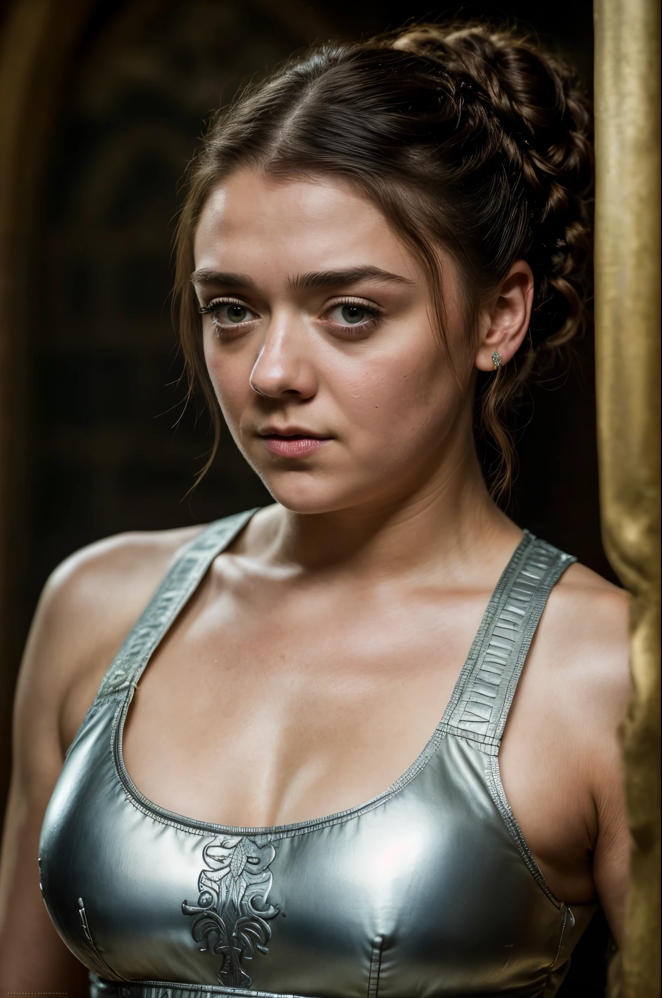 Foto RAW, Arya Stark, Extremely gorgeous lady, Arya Stark PLAYED BY MAISIE WILLIAMS, Queen Arya Stark, she is a mature woman now, milf, pierced eyes, sexy mediaeval battle dress, gladiator woman, body, 45 years old Woman, body revealing costumes, perky breast, big natural breast, erotic costumes, lusty physique, seductive figure can capture every people's attention, Game of thrones costumes, revealing captivating figure, Mediaeval costumes, revealing clothes, A tomboy, she would rather fence than dance, warrior queen , game of thrones screen caps, Game of Thrones Series, (pele altamente detalhada: 1.2), 8k UHD, DSLR, soft-lighting, alta qualidade, grain of film, Fujifilm XT3, flawless picture, highly detailed, detailed Beauty, intricate, 32k, sharp picture, detailed armpits, armpits hair, arms up, arms wide open, sweaty body, sweat, armpits fetish, best picture for armpits lovers,