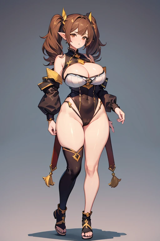 shortstack girl, brown hair, twintails hairstyle, pointy ears, wide hips, huge breasts, shorst, full body, standing