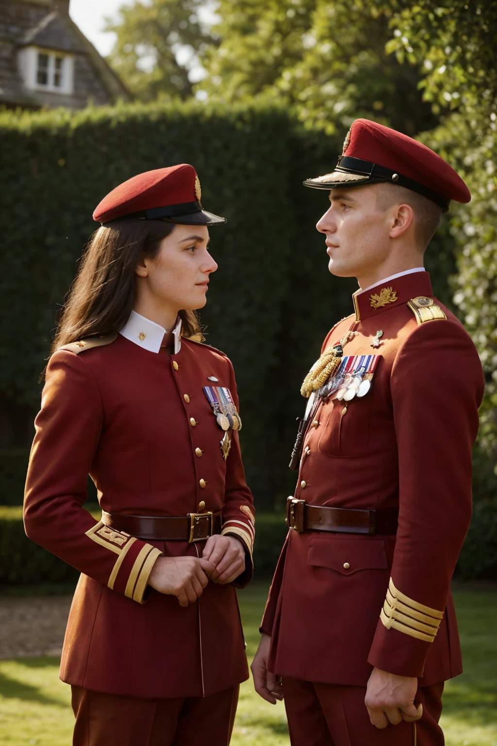 Two young British soldiers, aged 18 years each, proudly stand in the foreground dressed in their red uniforms of the 17th century. The manor house, a grand structure of old-world charm, casts a long, dramatic shadow behind them. The sun begins to set, casting a warm, golden light upon the scene. The soldiers, with their polished weapons at the ready, exude an air of determination and discipline. Despite the seriousness of their attire and posture, they share a moment of camaraderie, their faces revealing a subtle sense of humor and friendship. Each soldier's uniform is meticulously detailed, from the shining buttons and intricate patterns to the well-