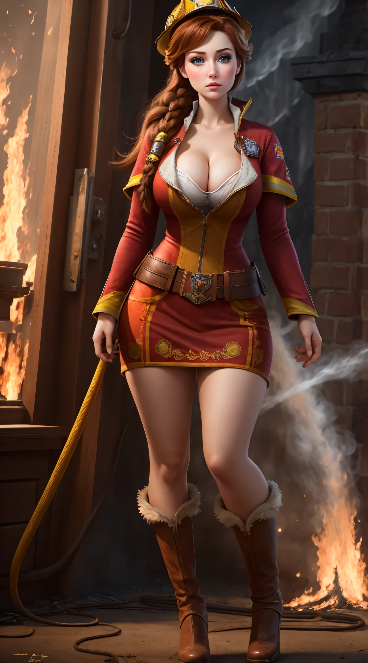 woman, ((Masterpiece, best quality)), full body view, firefighter, burning building,  bursting huge breasts, detailed skin, Anna from Frozen as a firefighter, red firefighter clothes, highly detailed, cinematic lighting, ultra realistic, blush, looking at viewer, anna, anna from frozen, princess, disney, brown hair, long hair, portrait, cleavage, large breasts, wide hips, full body view, tall, vwry tall, busty