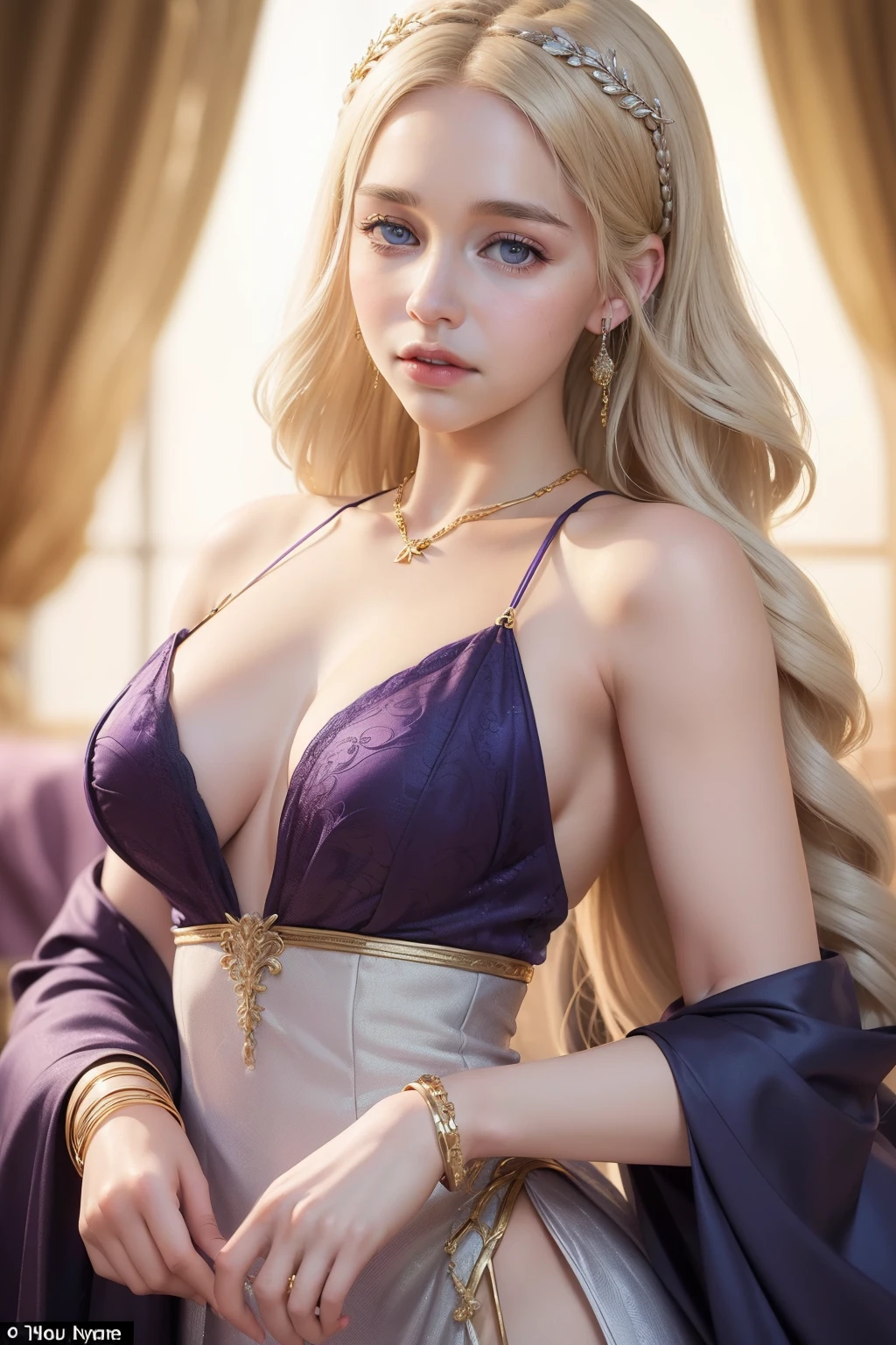 (masterpiece, best quality, cinematic, photorealistic, ultra-detailed), (1girl, Emilia Clarke, Daenerys Targaryen), (wide shot, full body view, from the front:1.2), (perfect hands, perfect face, sexy body, perfect body), (proportioned breasts, cleavage), (flowing blue silk dress with intricate gold embroidery, sleeveless with a plunging neckline), (paired with golden jewelry, including bracelets and necklaces), (hair styled elegantly, possibly in intricate braids or updos, showcasing her silver-blond looks), (purple eyes, detailed eyes, detailed pupils), (seductive pose), (arched back)