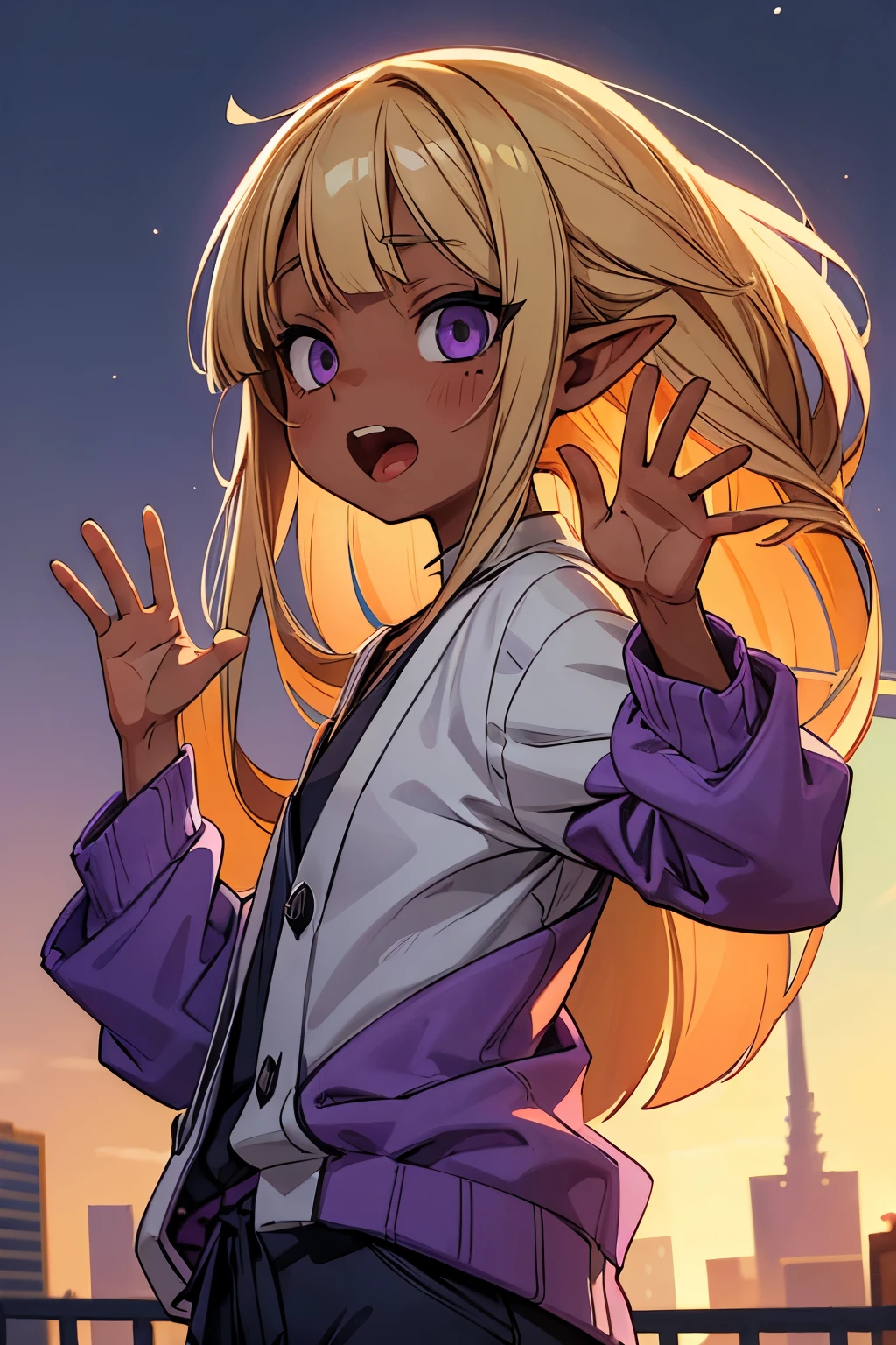 ((Masterpiece)), (Anime:1.3), ((best quality)), (RAW photo:1.2), (High Definition:1.3), (Professional Photography:1.2), (12 years old), (1girl), cute young girl, from side, BREAK, (Screaming face:1.3), open mouth, (Beautiful purple eyes:1.5), (dark skin), elf girl, wear a long cardigan, flat chest, slim body, (hair over eyes), (very long bangs:1.3), unruly hair, (medium hair), ((beautiful blond hair)), wear a long cardigan, shortpants, BREAK, ((best quality)), (waving pose:1.4), narrow gap between tall buildings,