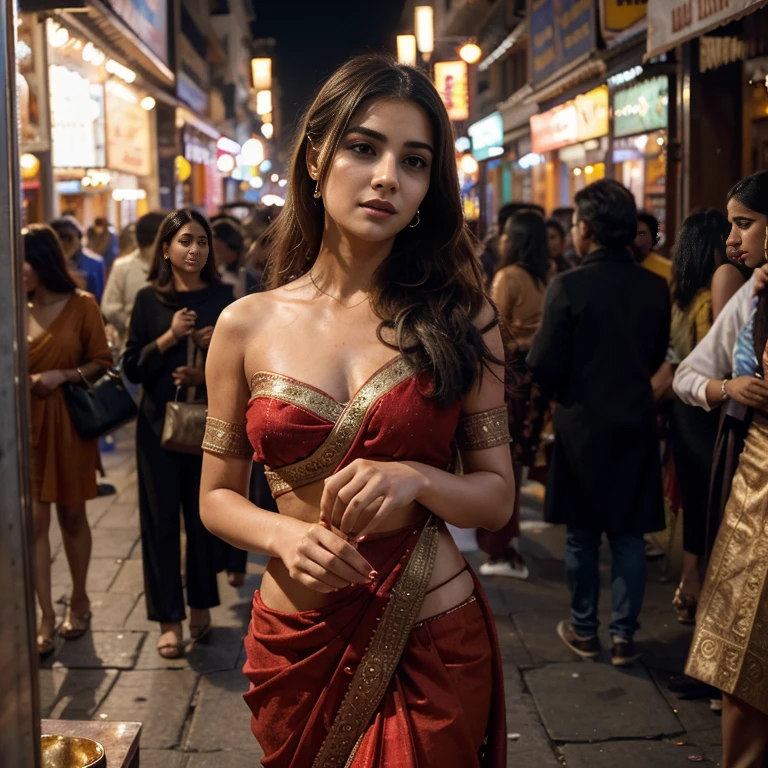 In the bustling streets of a vibrant Indian city, amidst the kaleidoscope of colors and scents, a woman (((Anne Hathaway: Selena Gomez:0.6))) clad in a vibrant red saree and a black blouse becomes an ethereal sight that captivates all who lay eyes upon her. Her undeniable beauty transcends time and space, leaving onlookers spellbound.

Describe the scene as the woman, with her graceful presence, glides through a crowded marketplace, where merchants and shoppers pause to admire her radiance. Decorate the street with lights and candlee, The atmosphere is alive with whispers as her mesmerizing allure evokes a sense of awe and admiration. Fire works behind 

Embark on a journey to reveal the woman’s story—her name, her background, her passions—and the reasons behind her choice of attire. Explore her persona, intertwining elements of mystery and allure, as people speculate on the secrets hiding behind her enchanting gaze.

Incorporate the sights, sounds, and emotions that surround this extraordinary woman, as she navigates through the city’s vibrant tapestry. Whether it be the scent of freshly ground spices, the distant sound of temple bells, or the intricate henna designs adorning her hands, immerse the reader in the sensory experience of this captivating moment.

As the story unfolds, her path intertwines with that of a curious photographer who becomes determined to capture her undeniable beauty in a single photograph. Describe their encounters, the photographer’s attempts to understand her story, and the profound impact this woman’s presence has on his own life.(Blur Background:1.6), (Blue Hue:0.8), (Auto focus:1.4)