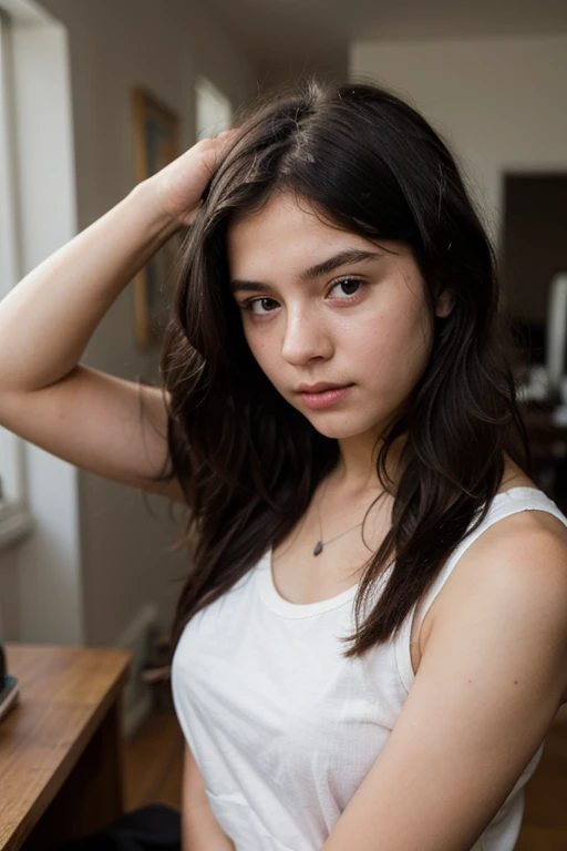 a 13 year old girl with straight black hair combing her hair