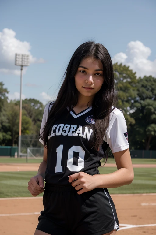 a  girl with straight black hair in a sports uniform 