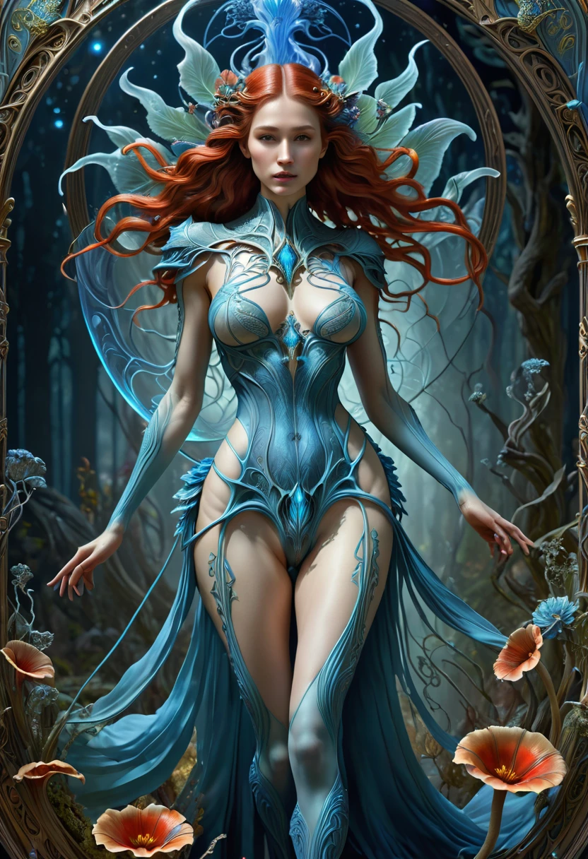 best quality,4k,8k,highres,masterpiece:1.2,ultra-detailed,realistic:1.37,HDR,UHD,studio lighting,ultra-fine painting,sharp focus,physically-based rendering,extreme detail description,professional,art nouveau,tarot card style, (2characters:1.6), dynamic angle, fierce face expression, Full body, alien female,creatures from outer space, JnTrp, (An alien female is resurrecting a warrior from the dead:1.5), she is raising the undead, (she is infusing spiritual energy into the warrior's corpse:1.37), (the warrior's corpse is lying on the ground), (several blood streams flows into the warrior's corpse:1.37), red energy lines, fractalized, glass exoskeleton,organic exoskeleton,alien flora,(bioluminescent fungi),vivid colors,pale blue hues,trending on cgsociety,landscape,horror,sci-fi,concept artists,bright and vibrant colors,dreamy lighting