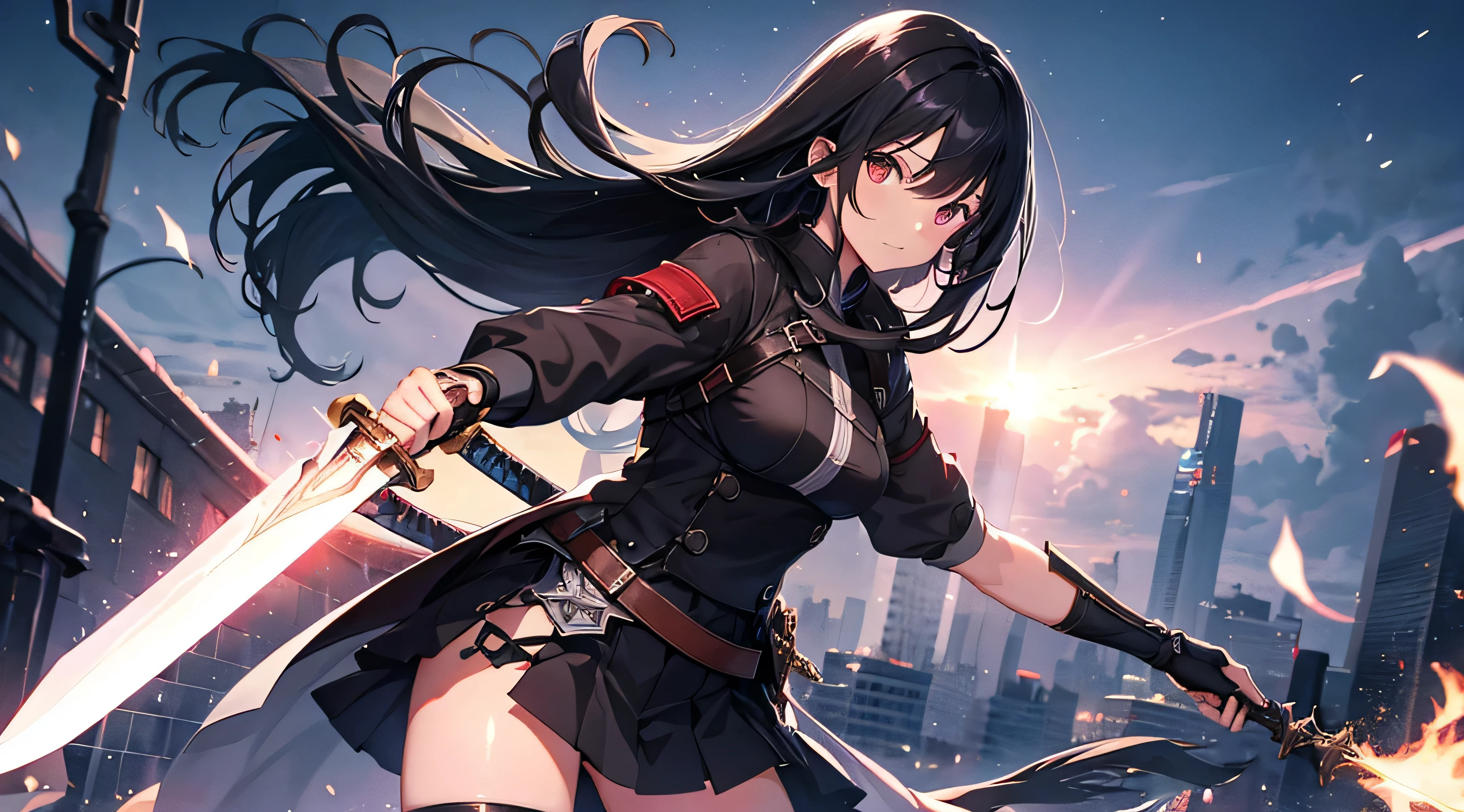 a black hair girl holding a sword. night background