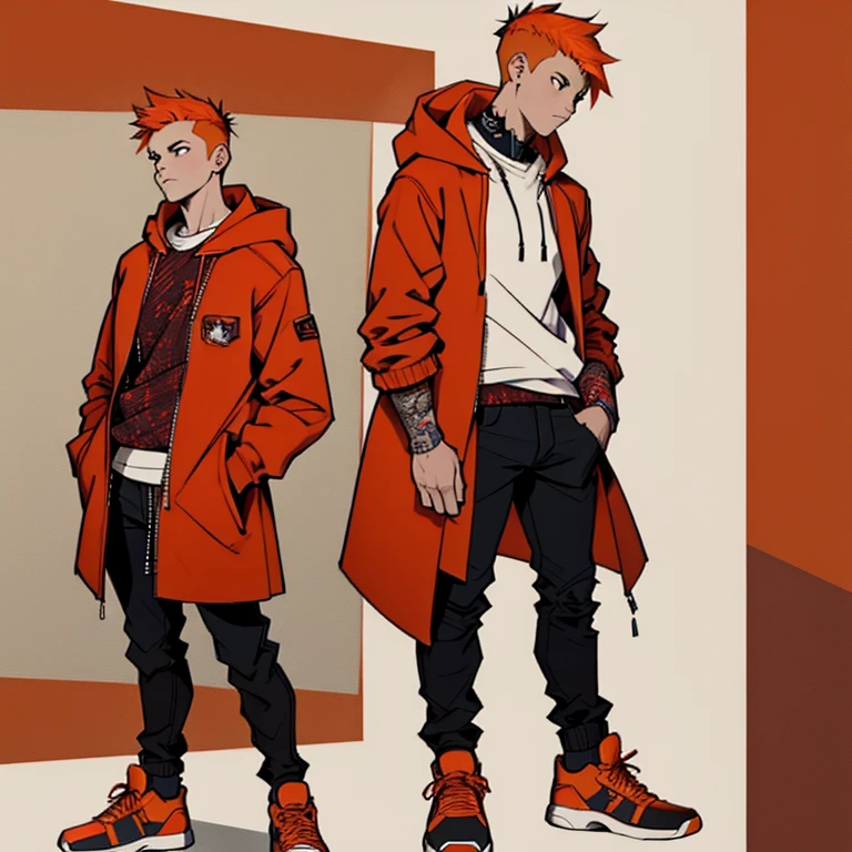 (masterpiece, best quality:1.2),  human Male scent ,wearing punk Clothings , Orange  hair  ,((wearing Red Coat hoodie)) ,freckles, white shirt  , Full body , Ripped pants  ,Shoes  ,cool pose