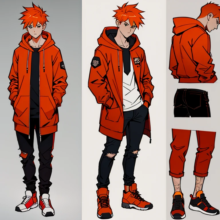 (masterpiece, best quality:1.2),  human Male scent ,wearing punk Clothings , Orange  hair  ,((wearing Red Coat hoodie)) ,freckles, white shirt  , Full body , Ripped pants  ,Shoes  ,cool pose