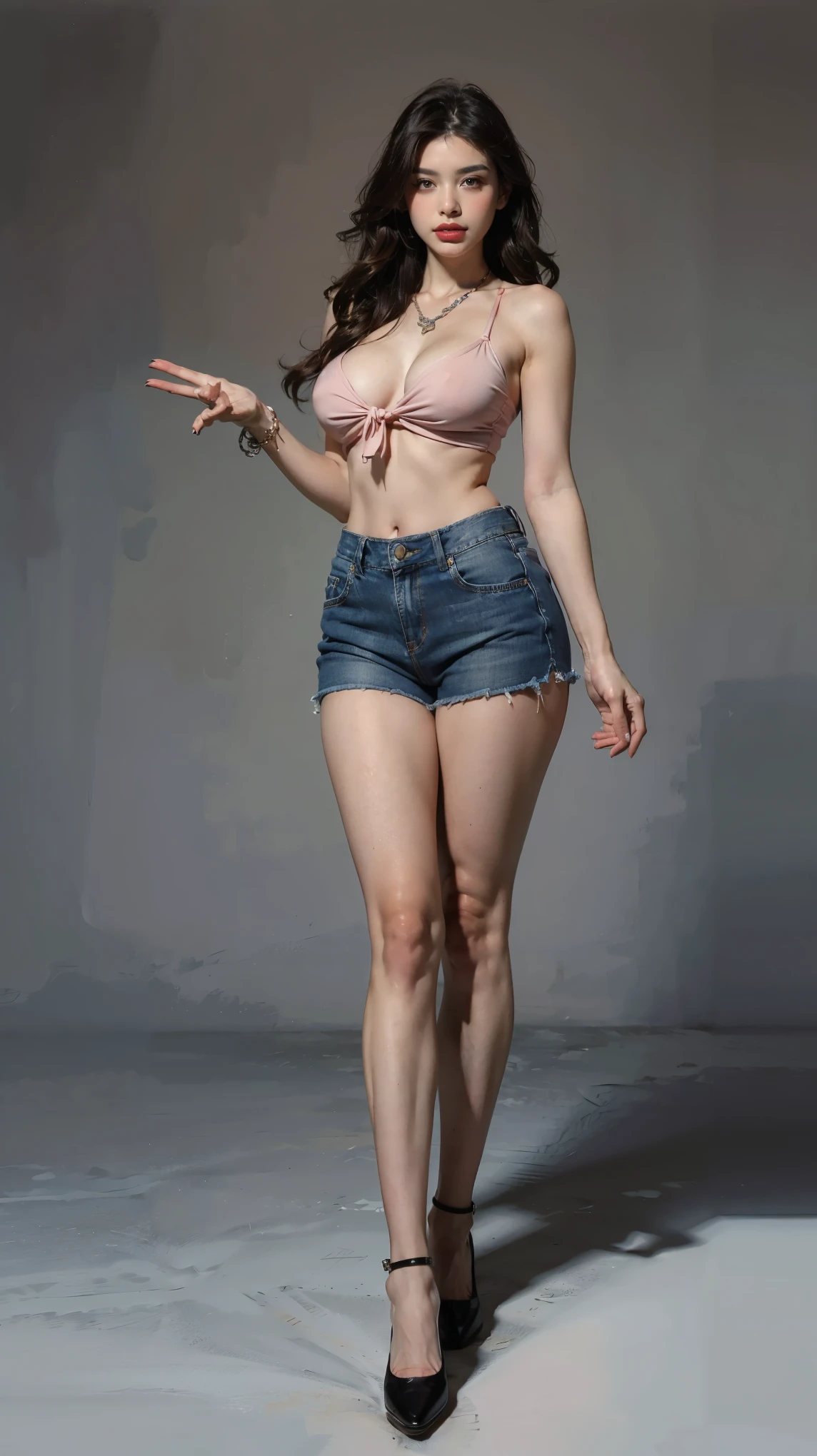((best quality,4k,highres,masterpiece:1.2)),((character concept art)), 1 female, age 36, milf, hot milf, (She has a fit and toned body shape), She has curvy brown hair that she usually ties back for practicality, ((She has a perfect round and perky 700cc breast enhancement, which she doesn't shy away from flaunting and a full back tattoo, adding an edgy touch to her overall appearance)), (((She's wearing a form-fitting, low-cut top that accentuates her enhanced breasts, adding a touch of seductiveness to her look, pairing with high waist sexy hollow out ultra shorts denim summer shorts. The denim shorts are short enough to make her son and his friends blush))), (((She enhances her look with a pair of practical flats, suited for her busy lifestyle))), carrying her ensemble with an air of unapologetic confidence. Her accessories include a simple necklace that adds a subtle touch of elegance. ((intricate detail)), super finely detailed hands, ultra finely detailed fingers(((ten fingers))), (standing confidently), ((full body showcase)), ((show full body)), (no logos on background), (no logo), ((plain background)), ((plain background)), (((empty background))).