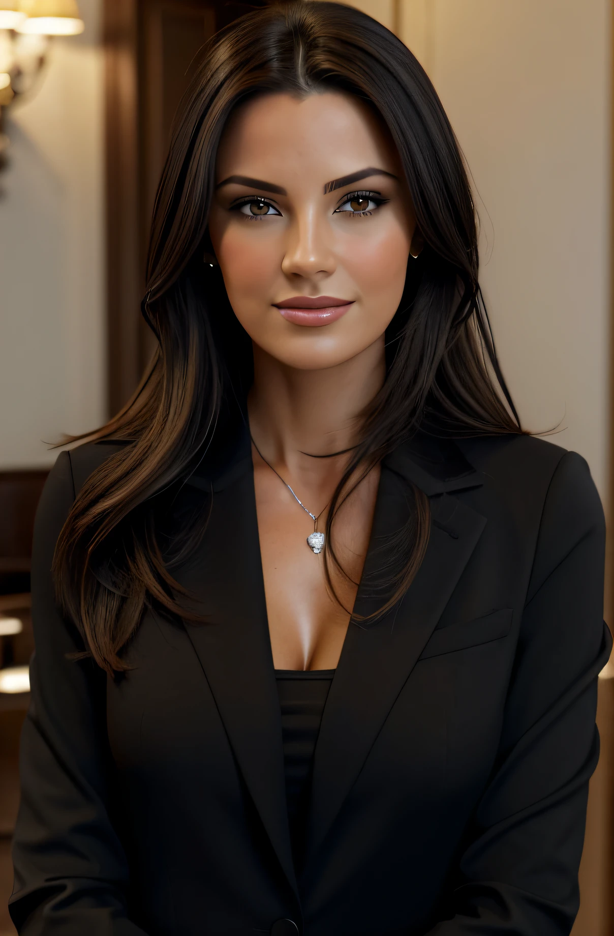 1 adult female, cheveux longs, suck a penis, cabelo de cor preta, pele macia, nariz longo e pontudo, olhos pretos, sourire, vegetation, Casual, Business women&#39;s style clothing, Blaser brun clair, Realista, with experience in a fancy restaurant, 8K super realista, super detalhado e realista