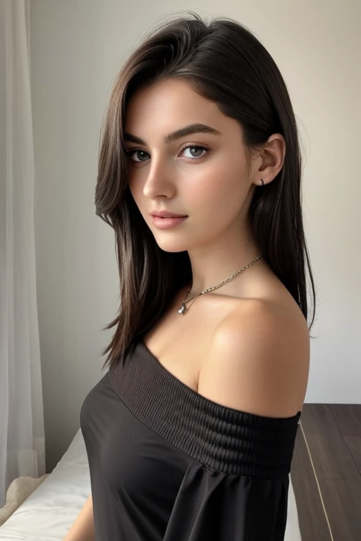 1 fille dans, 19 ans, Seulement, cheveux longs, Colossal , regarder le spectateur, cheveux noir, petit jupe grosse cul , bare shoulders, yeux marrons, bijoux, Tout le corps, un collier, off the shoulders, Chandails, Realistic, Un sexy