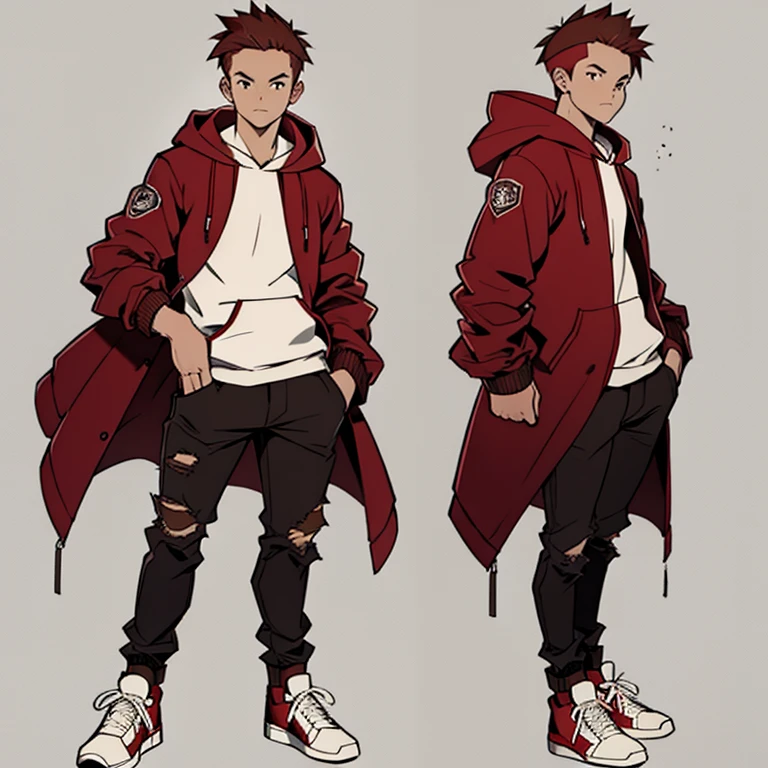 (masterpiece, best quality:1.2),  human Male scent ,wearing punk Clothings , Brown hair  ,((wearing Red Coat hoodie)) ,freckles, white shirt  , Full body , Ripped pants  ,Shoes  ,cool pose