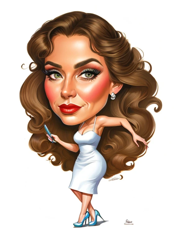 airbrushing, 4k, Babes, a caricature of a woman in a white dress and heels, caricature style, caricature illustration, caricature!!!, caricature, caricature, great resemblance, by Eddie Mendoza, caricature, by Gavin Hamilton, by Tony Sart, looks like Laura Barriales, by Randy Gallegos, by Rodolfo Morales, by Randy Vargas, by Carlos Berlanga