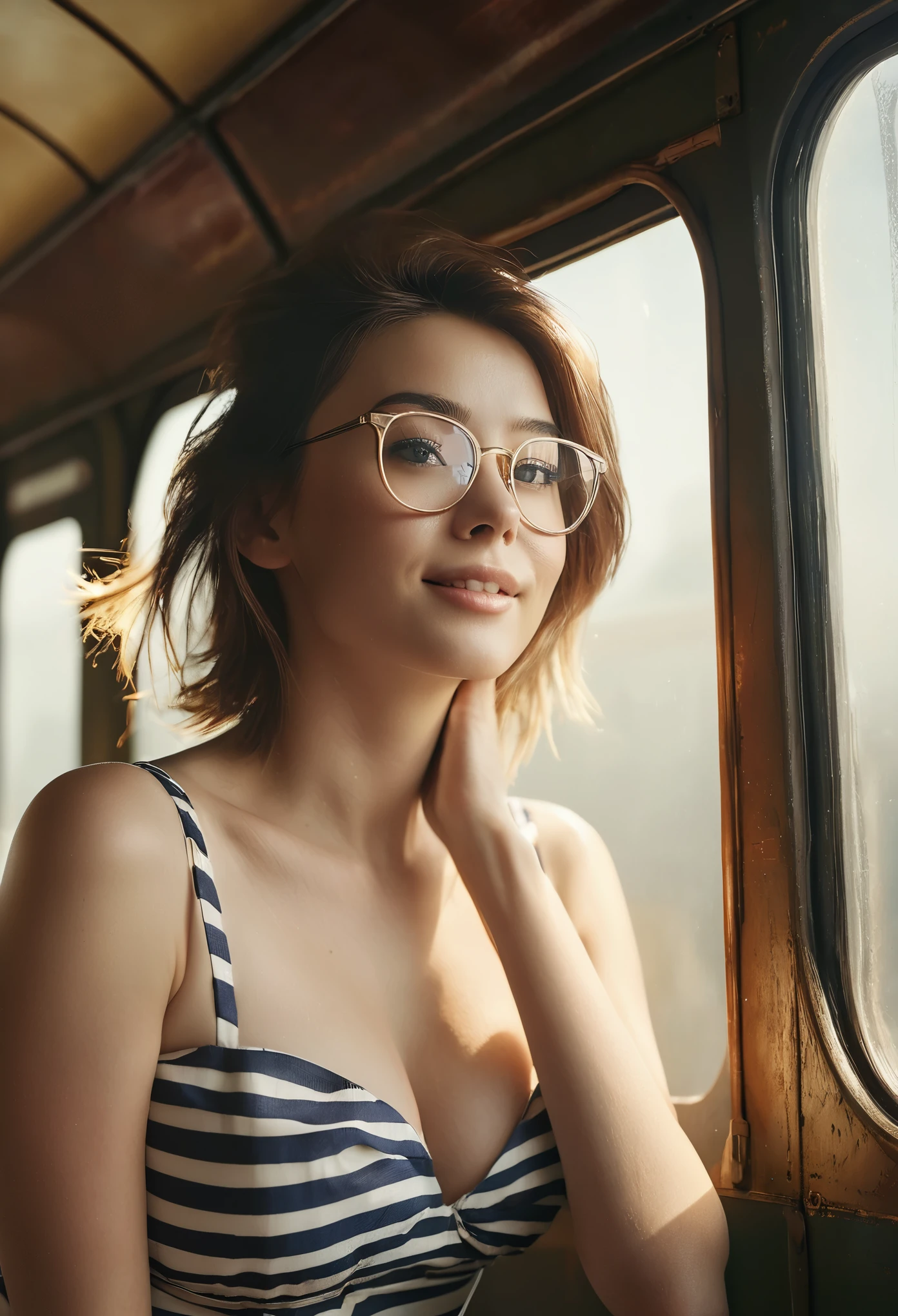Best quality, Ultra detailed, Golden ratio, Masterpiece:1.2), Theatrical lighting:0.7, Photo of a woman, pretty just in bikiny , Perfect rare face, (Highly detailed skin), randomly dyed hair, Hide your mouth with your hands、Ridicule, skin texture, Pale skin, shiny skin, (thin, large size:1.2), [:(Sharp focus on rare face, perfect eyes:1.2):0.2], photorealistic, film grain, Put one foot forward、from below looking up、look at camera、Emphasize the shoulders, Focus on face、Stockings、glasses、Smile with corners of mouth raised、disdainful expression, summer haze, muted colors, muted warm colors, Photo cinematic portrait of a woman dressed in a striped dress sitting by the window in the early morning, cinematic, (tilted:1.3) (on an old train) look cautious, standing under a spotlight, volumetric dust clouds, key light, backlight, soft natural lighting, photography Film grain ISO 400 30 mm lens RAW f1.8 aperture