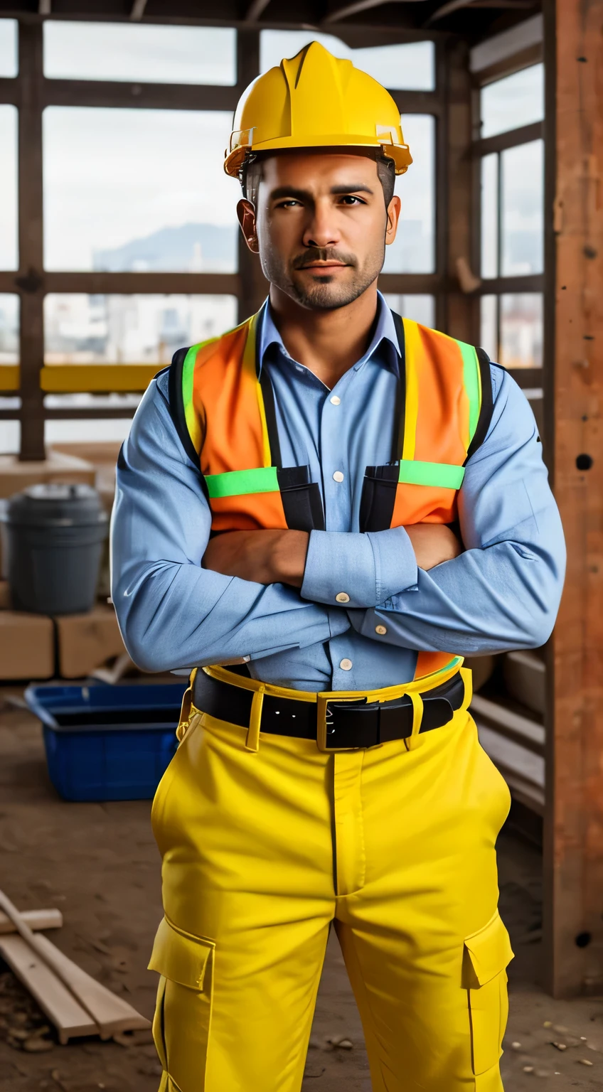 Create an image of a fair-skinned man, construction worker with a yellow hard hat, uniform, vest, belt adorned with various tools, short hair, wearing gloves, standing with crossed arms, create the image in a medium shot and make it highly professional and realistic for an advertising piece.
Imagen de un hombre de piel clara, public works worker with yellow helmet,uniforme, Jacket, belt with various tools, cabello corto, usando guantes, parado con los brazos cruzados, hazla en un plano medio y darle una apariencia muy profesional y realista para