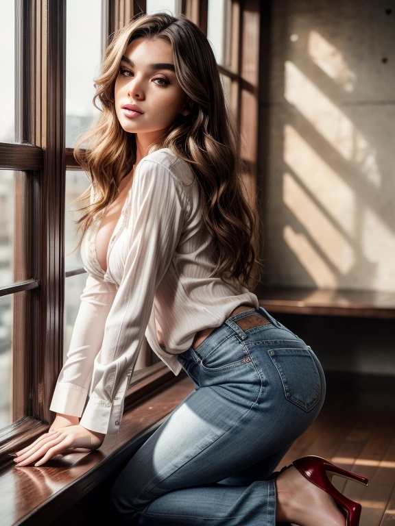 full length photoshoot, arafed woman, long curly brown hair, brown eyes, high arched eyebrows, seductive look, white low-cut silk shirt, blue fitted jeans, stilettos, sunset modern metropolis, spot lighting, backlight on hair, shallow depth of field, homogeneous background, perfect hands, detailed hands, perfect fingers, naked breast out of her blouse, see the breast, ripped jeans, see the pussy