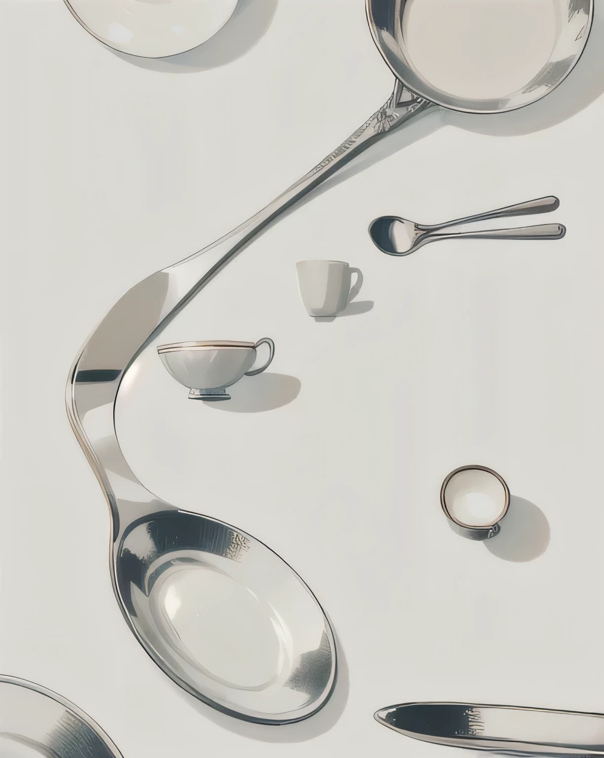 Tableware arranged in floating form，The spoon is in the front，There is a forked plate behind，Tea cups etc.