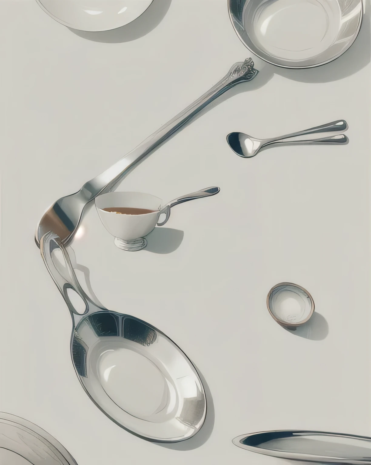 Tableware arranged in floating form,The spoon is in the front,There is a forked plate behind,Tea cups etc.