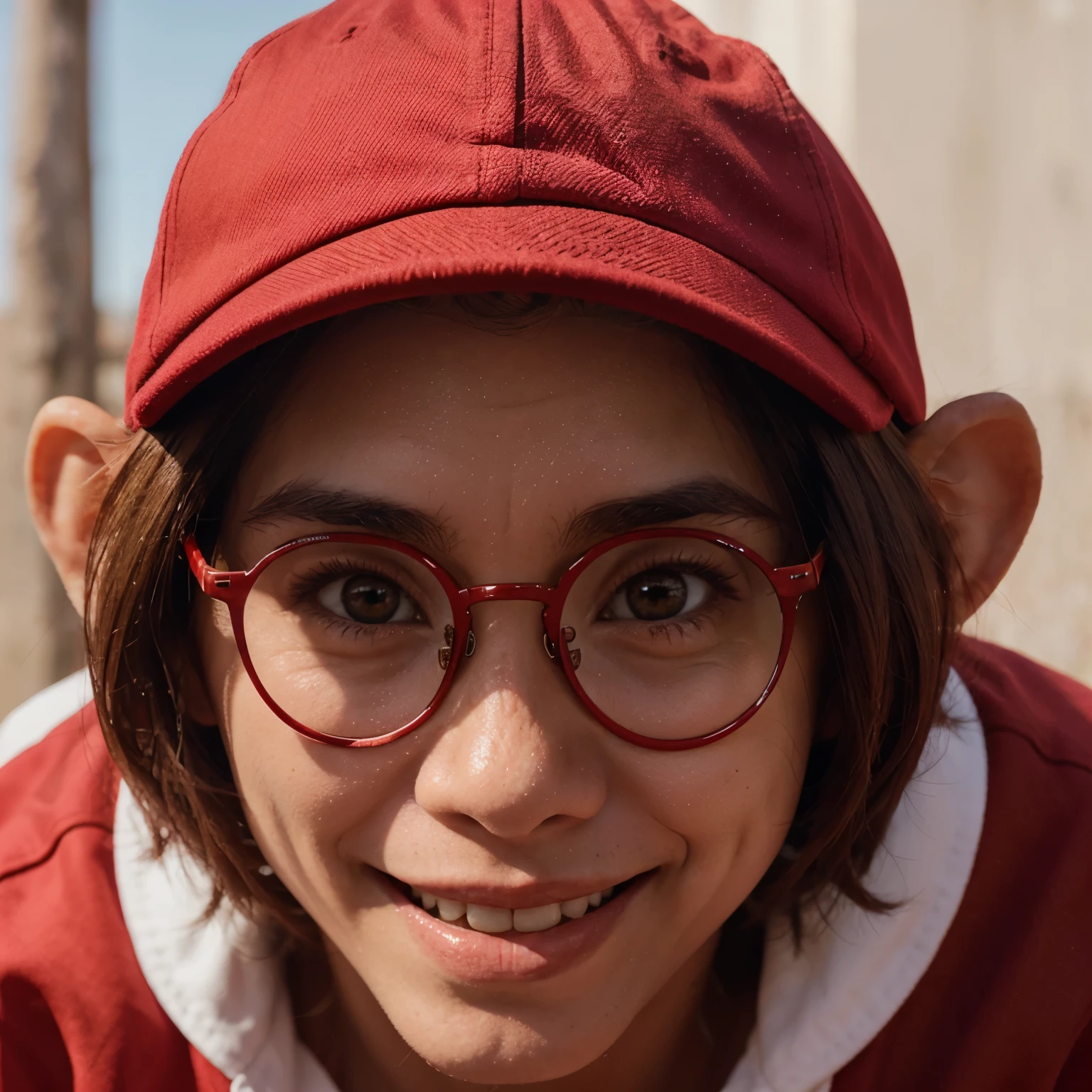 Face of an animated monkey smiling wearing a red cap with white and brown lenses on it that says CH+