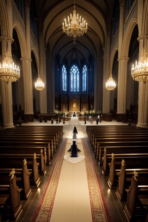 Dimly lit, gigantic golden cathedral seen at an angle slightly above those watching the wedding ceremony taking place. The bride is in the middle of the aisle that takes her to the altar, where the groom is waiting. the bride walks next to her father and both have their backs to the drawing&#39;s point of view. the cathedral is decorated with Renaissance paintings and ornaments on its columns. The image is being seen from above, a noiva, os convidados, o noivo, todos parecem bem pequenos, and everything has a magical and mysterious air. the point of view is centered with the altar, parece um sonho. make it seem as magical and close to fairy tales as possible. remembering that everything is made of gold. o casamento tem que parecer um conto de fadas.