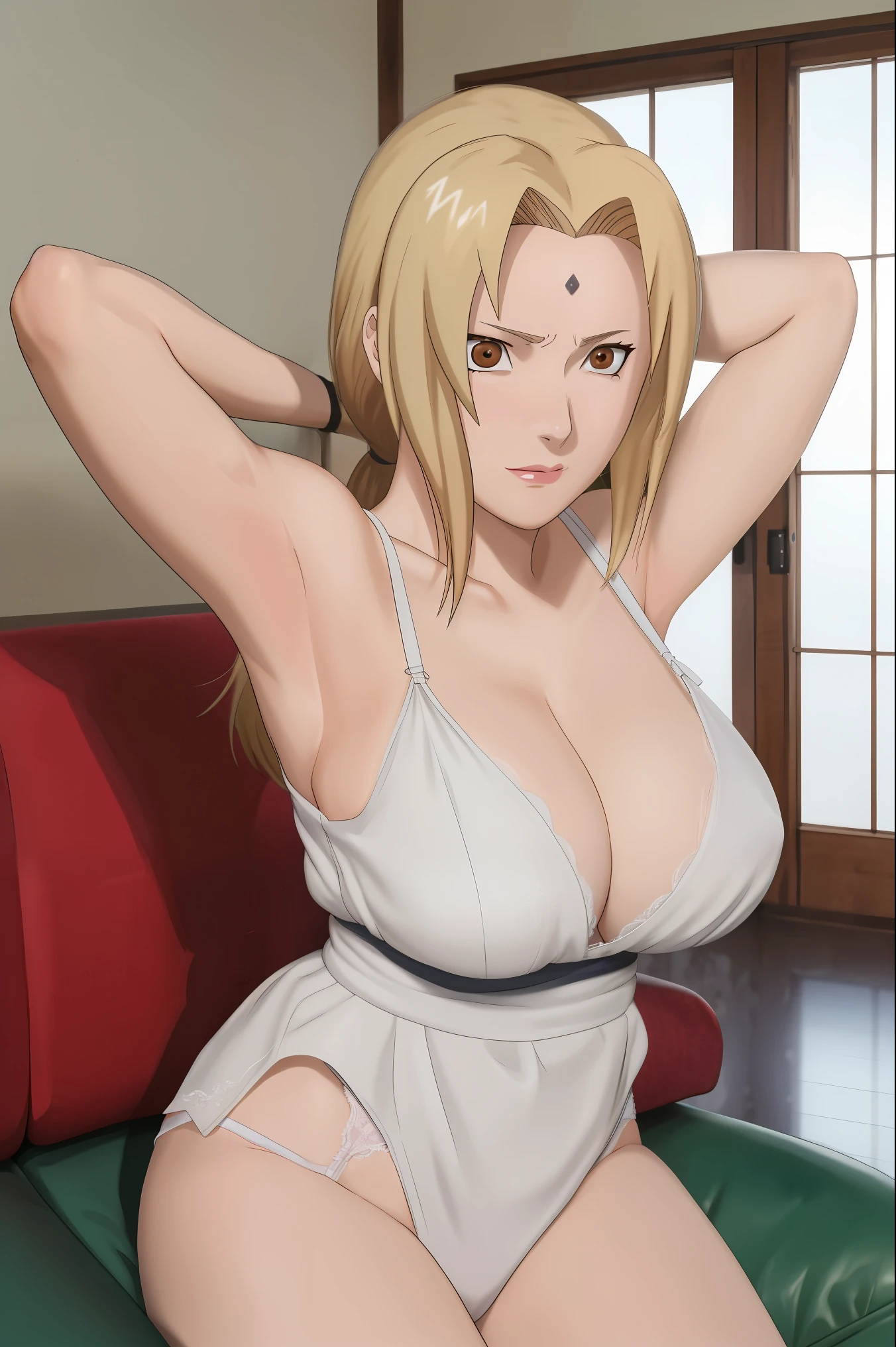 score_9_up,score_8_up,score_6,score_5,score_4,1girl, source_naruto_anime, tsunade senju, sitting, sitting on the sofa, living room, ultra detailed background, wearing white lingerie, lingerie, big breasts, raikageart style, looking at viewer, Highres, ultra HD,8k , tsunade senju style, beautiful woman, middle aged woman, hands behind the head, armpits