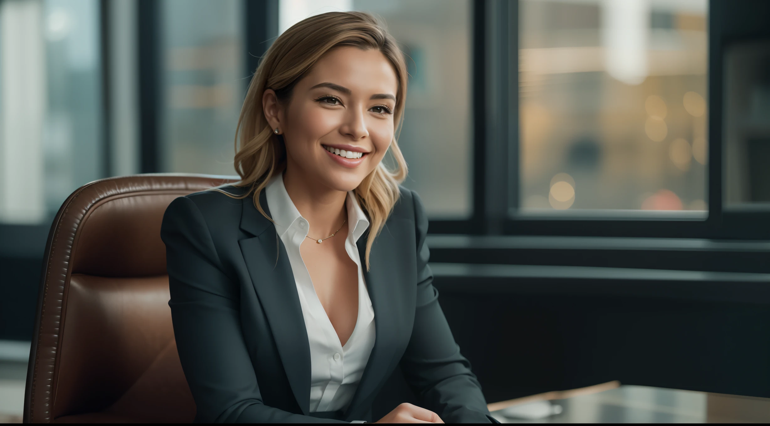Uma foto da vida real de um poderoso, confiante, smiling businesswoman in a tailored suit with broken buttons. She is sitting on a leather chair in a stylish and sophisticated corporate environment. obra-prima, qualidade 8k