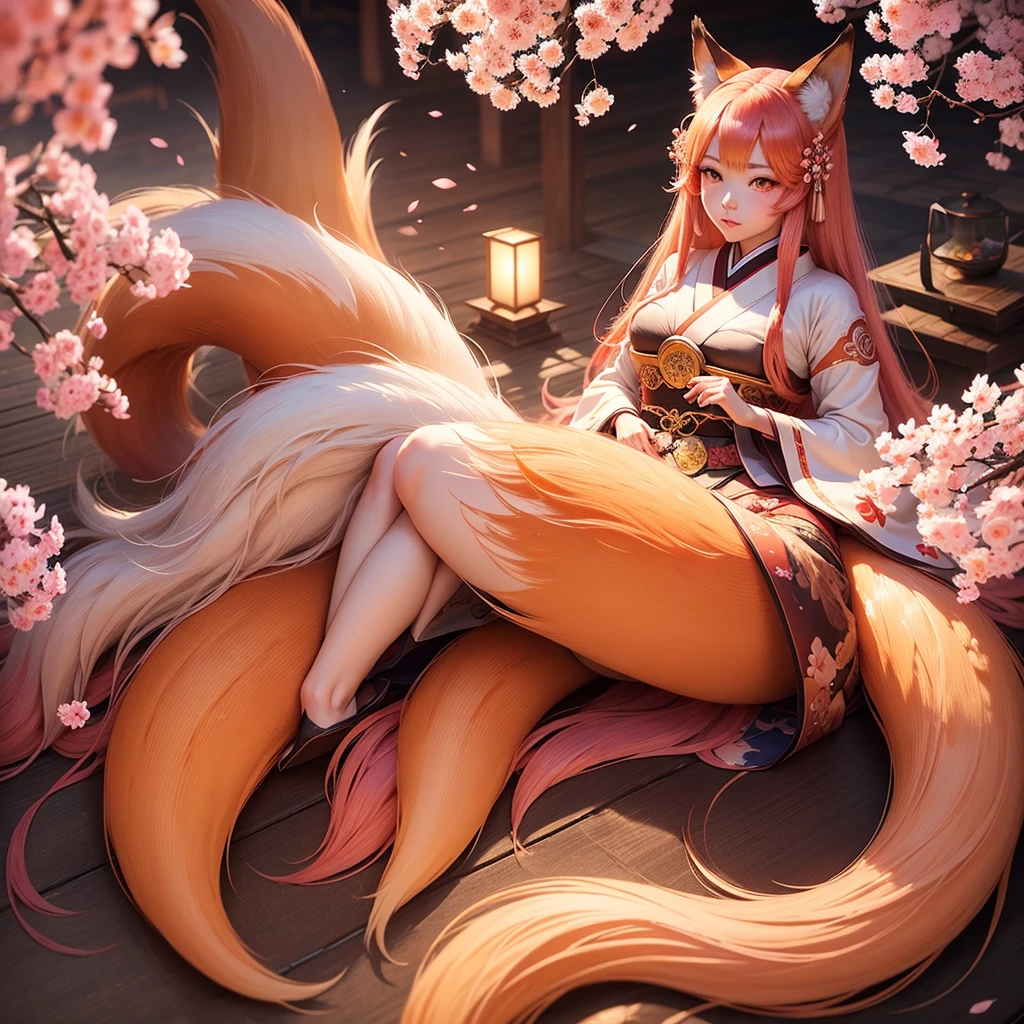 

1girl, Kitsune, long flowing hair, fox ears and fox tail Best quality, ultra-detailed,vibrant colors, traditional Japanese art, ethereal atmosphere, mystical aura, captivating beauty, cherry blossoms, enchanting landscape,radiant sunlight, soft glow