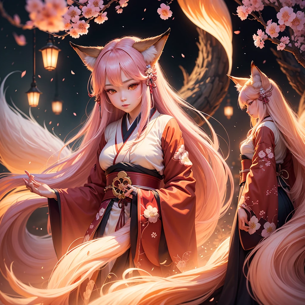 29 years old beautiful european woman with red kimono,pink hairs,9 tails kitsune,ash blossom,smiling,long flowing hair,detailed facial features,intricate kimono,lush nature background,glowing ethereal aura,vibrant colors,cinematic lighting,award winning digital art,concept art,highly detailed,photorealistic,8k,masterpiece