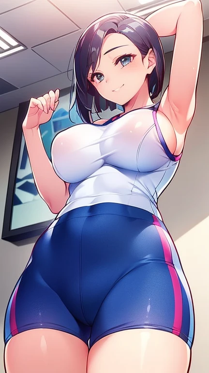 ((Top Quality, 8K, Masterpiece: 1.3)), 1 Girl, Slim, Brown-haired, Medium Bob, Big: 1.2, White Gym Clothes, Navy Blue Bloomers, (Ultra Slender Face, Delicate Eyes, Double Eyelids, Smile: 1.0), Bed, (Nipple Slip: 1.4), (Open Legs: 1.0), Hands Behind the Head,very large udder、