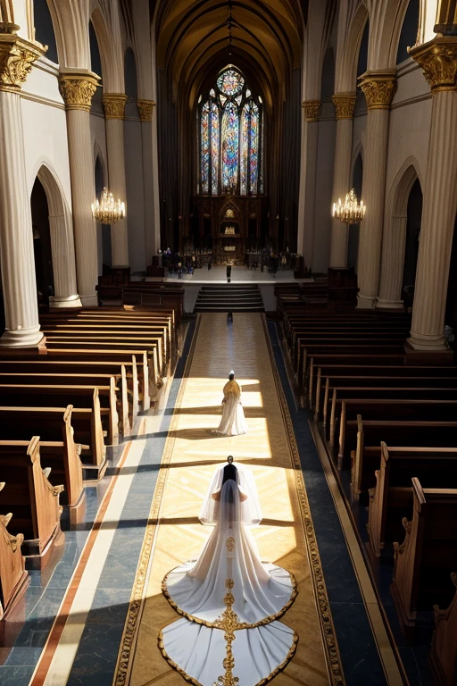 Dimly lit, gigantic golden cathedral seen at an angle slightly above those watching the wedding ceremony taking place. The bride is in the middle of the aisle that takes her to the altar, where the groom is waiting. the bride walks next to her father and both have their backs to the drawing's point of view. the cathedral is decorated with Renaissance paintings and ornaments on its columns. The image is being seen from above, a noiva, os convidados, o noivo, todos parecem bem pequenos, and everything has a magical and mysterious air. the point of view is centered with the altar, parece um sonho. make it seem as magical and close to fairy tales as possible. remembering that everything is made of gold. o casamento tem que parecer um conto de fadas.