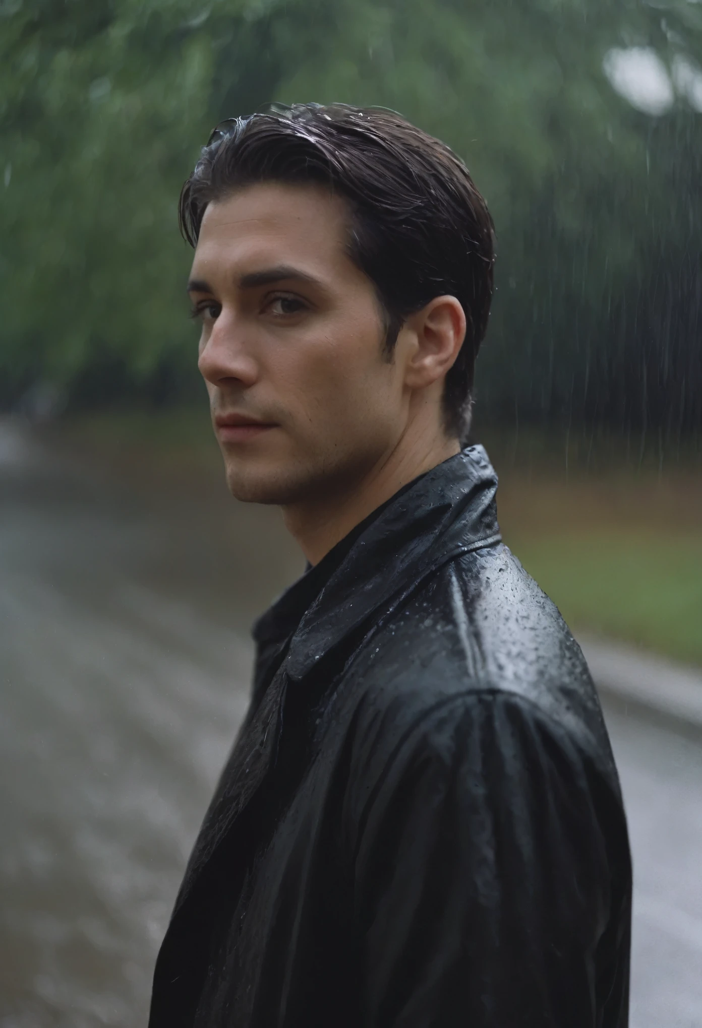cinematic film still of film grain:1.5 sharp detailed image of a Medium shot of a man partially covered in shadows in a black jacket standing in the rain staring at camera with dim light on Kodak Vision3 500T Film Stock Footage Style, shallow depth of field, vignette, highly detailed, high budget, bokeh, cinemascope, moody, epic, gorgeous, film grain, grainy